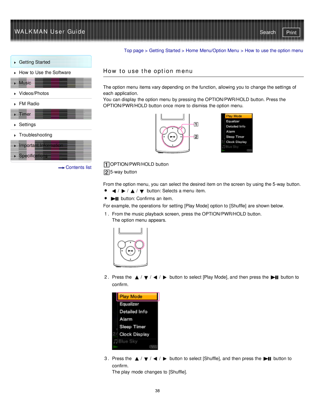 Sony NWZ-E373, NWZ-E375, NWZ-E374RED specifications How to use the option menu 