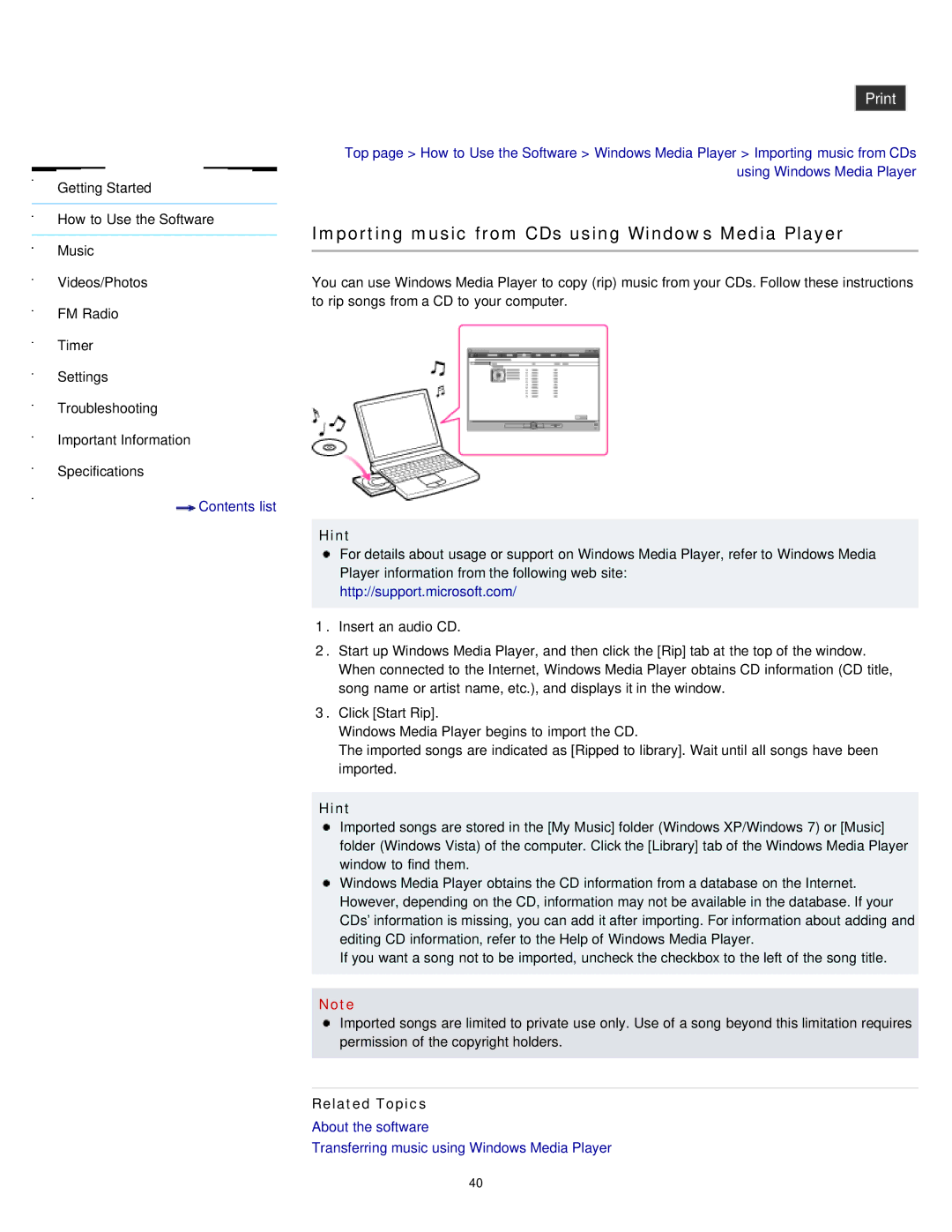 Sony NWZ-E375, NWZ-E373, NWZ-E374RED specifications Importing music from CDs using Windows Media Player, Hint 