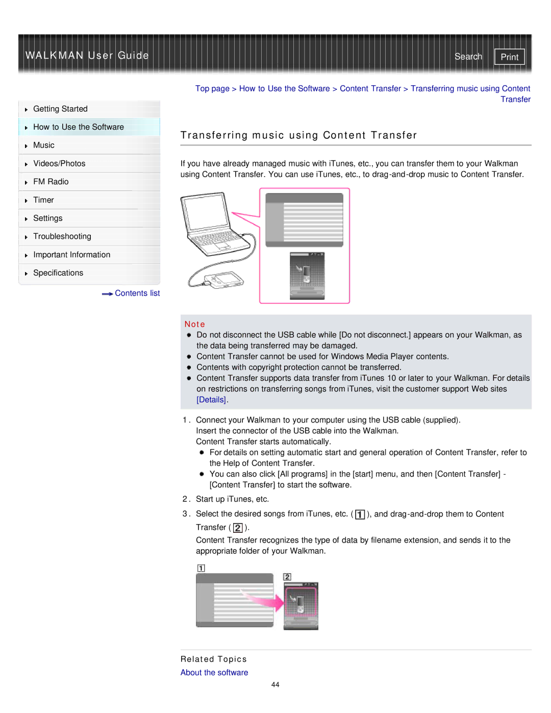 Sony NWZ-E375, NWZ-E373, NWZ-E374RED specifications Transferring music using Content Transfer 