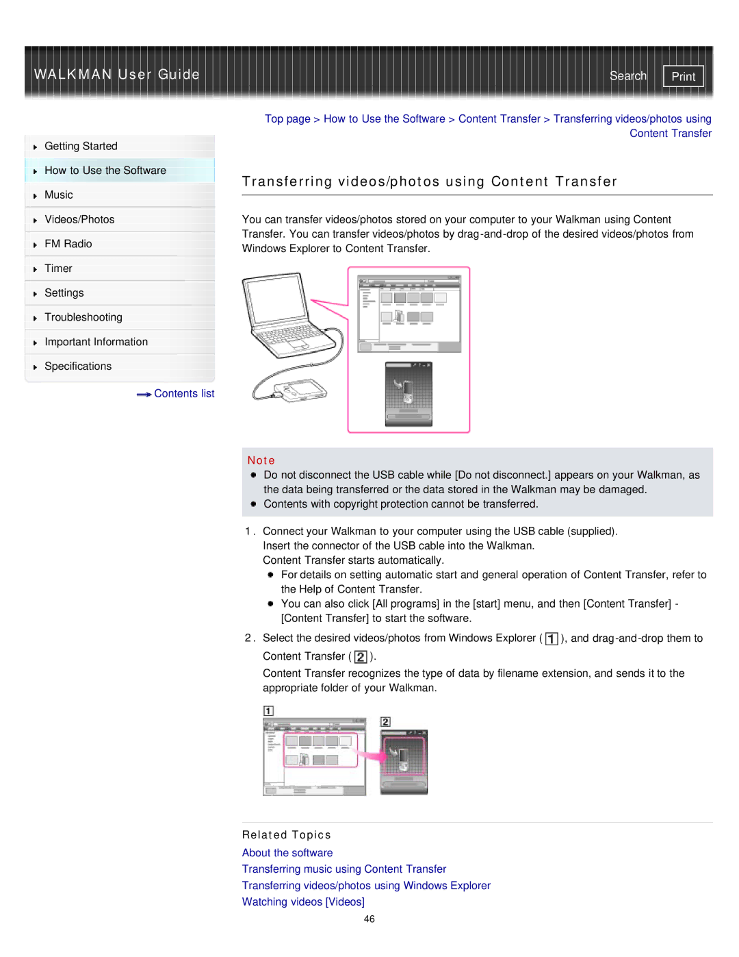 Sony NWZ-E373, NWZ-E375, NWZ-E374RED specifications Transferring videos/photos using Content Transfer 