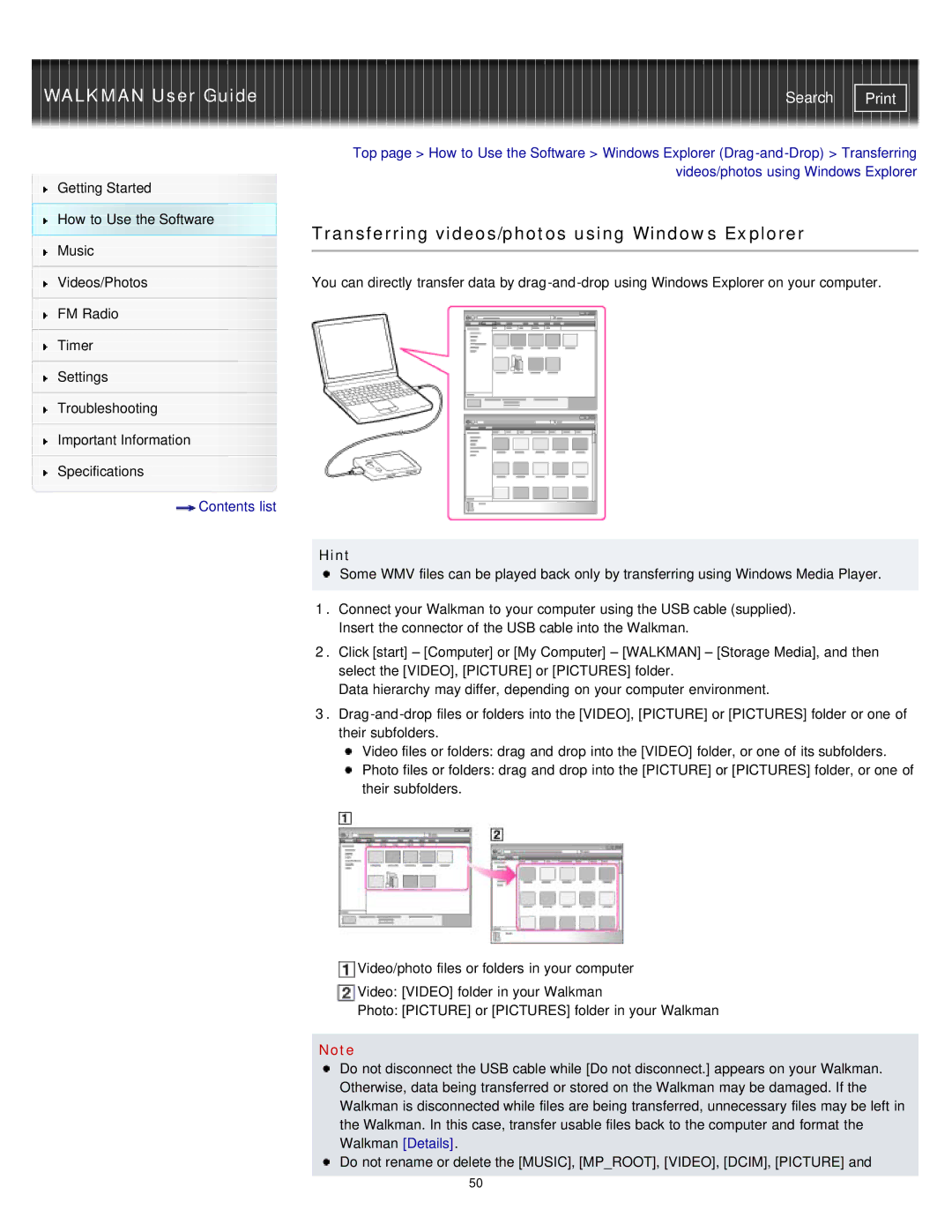 Sony NWZ-E373, NWZ-E375, NWZ-E374RED specifications Transferring videos/photos using Windows Explorer, Hint 