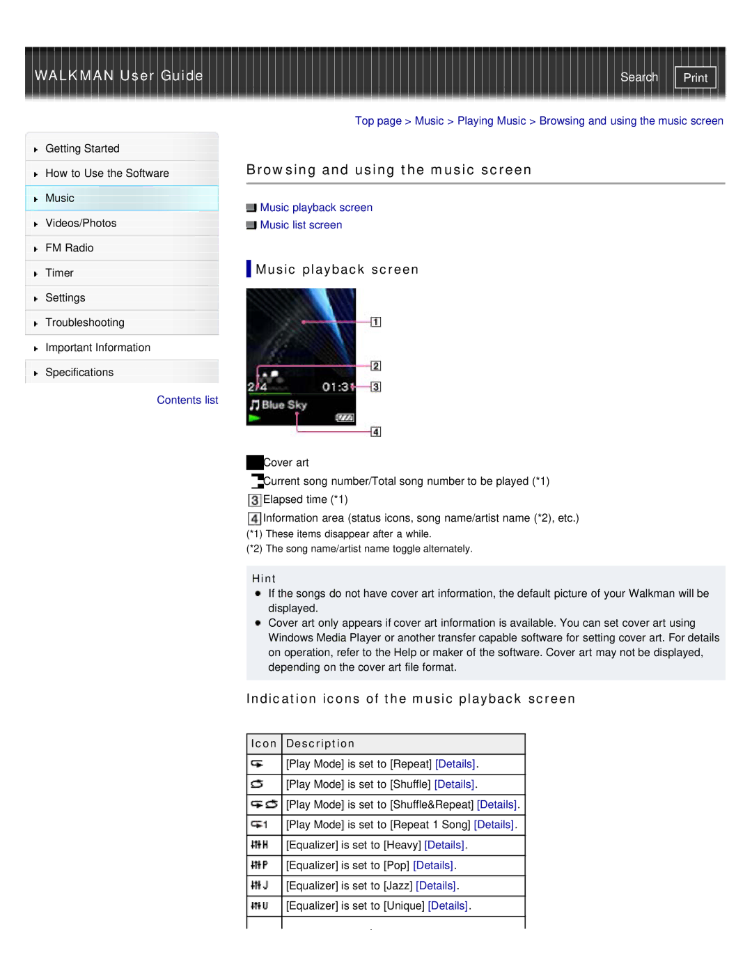 Sony NWZ-E373 Browsing and using the music screen, Music playback screen, Indication icons of the music playback screen 