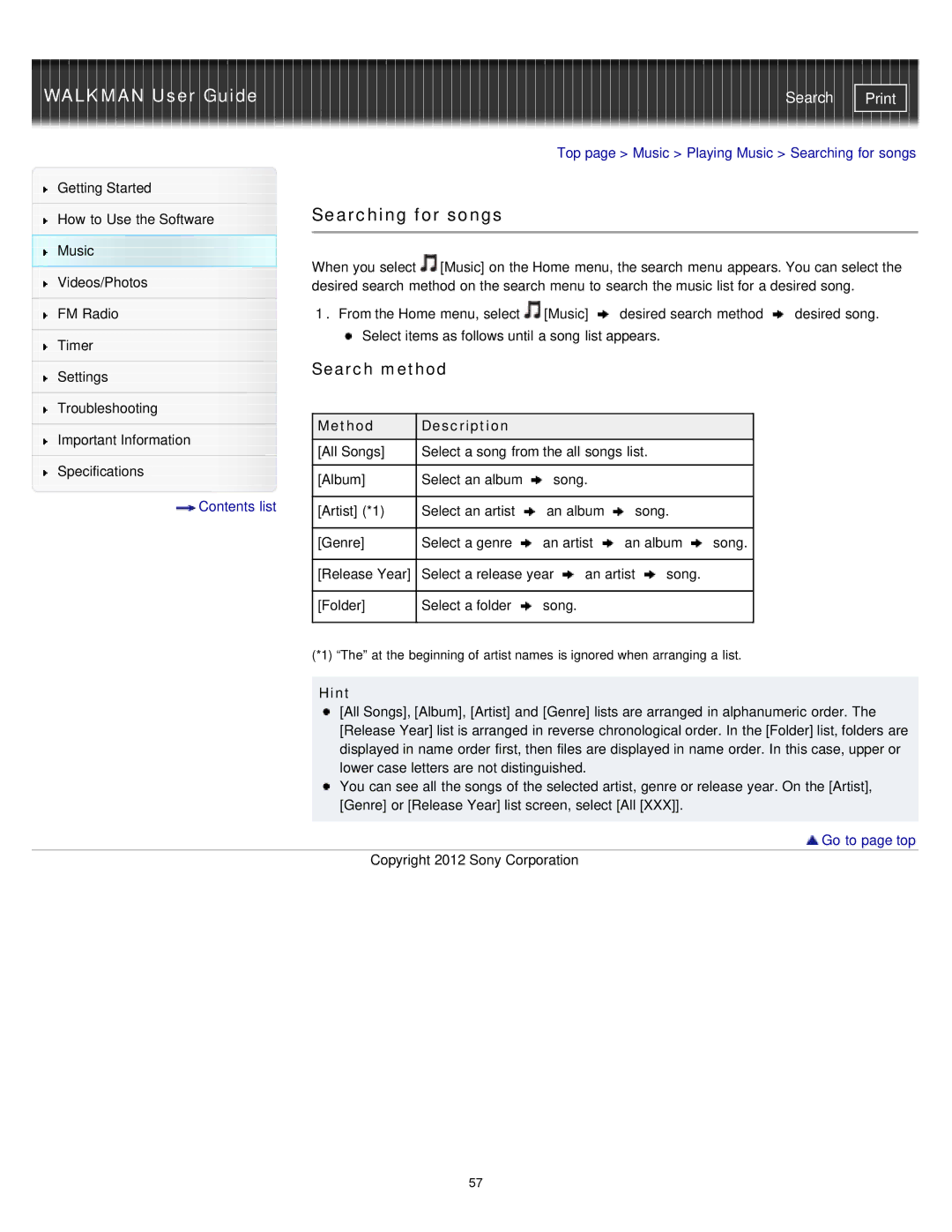 Sony NWZ-E375, NWZ-E373, NWZ-E374RED specifications Searching for songs, Search method, Method Description 