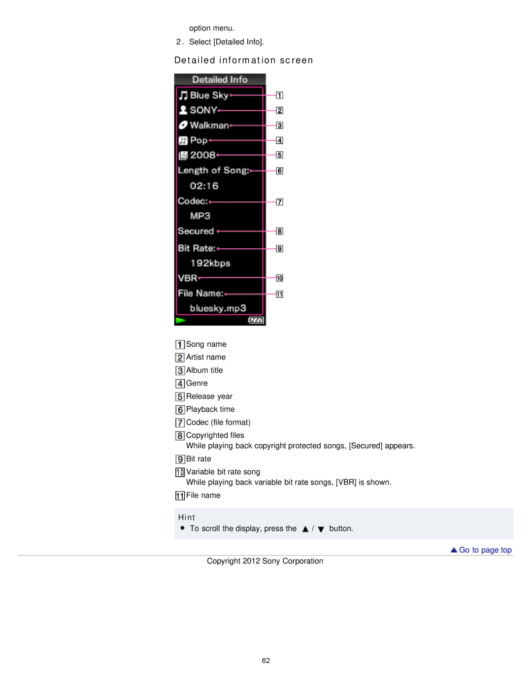 Sony NWZ-E373, NWZ-E375, NWZ-E374RED specifications Detailed information screen, Hint 