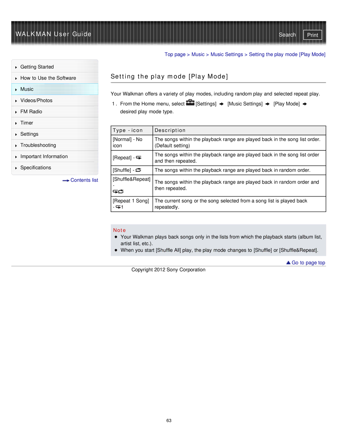 Sony NWZ-E374RED, NWZ-E375, NWZ-E373 specifications Setting the play mode Play Mode, Type icon Description 