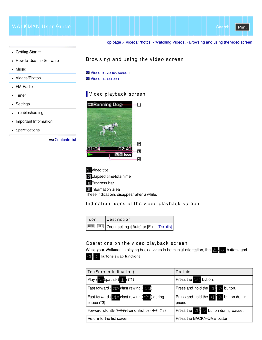 Sony NWZ-E373 Browsing and using the video screen, Video playback screen, Indication icons of the video playback screen 