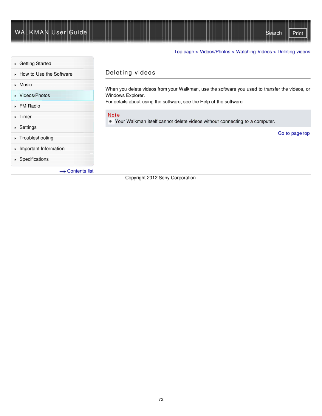 Sony NWZ-E375, NWZ-E373, NWZ-E374RED specifications Deleting videos 