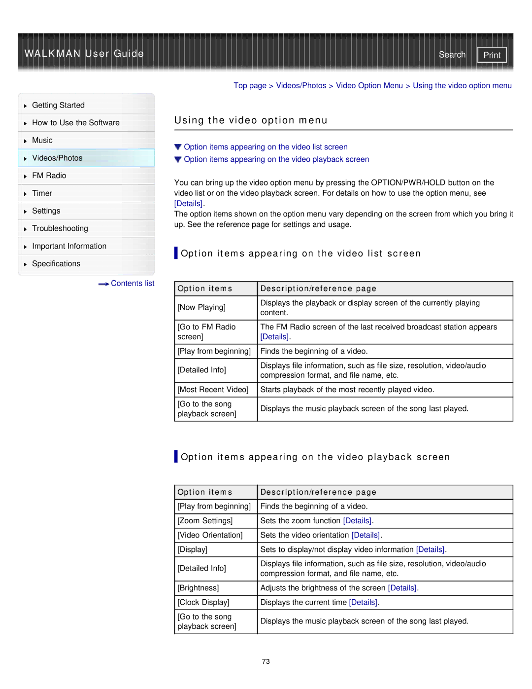 Sony NWZ-E375, NWZ-E373, NWZ-E374RED Using the video option menu, Option items appearing on the video list screen 