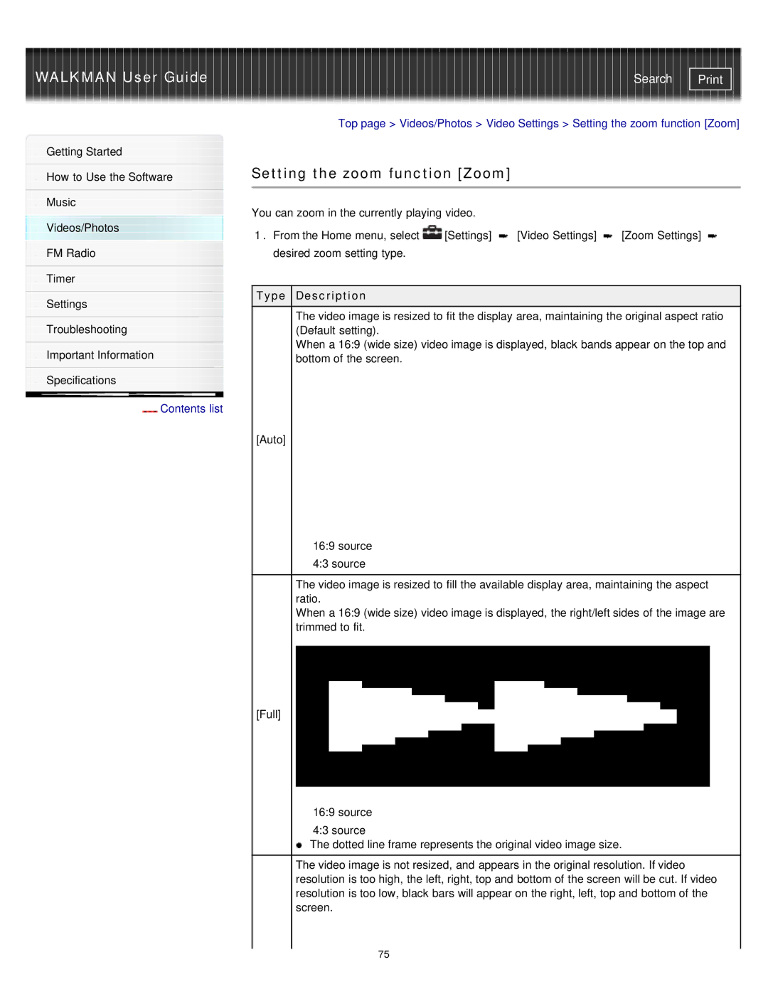 Sony NWZ-E374RED, NWZ-E375, NWZ-E373 specifications Setting the zoom function Zoom, Type Description 