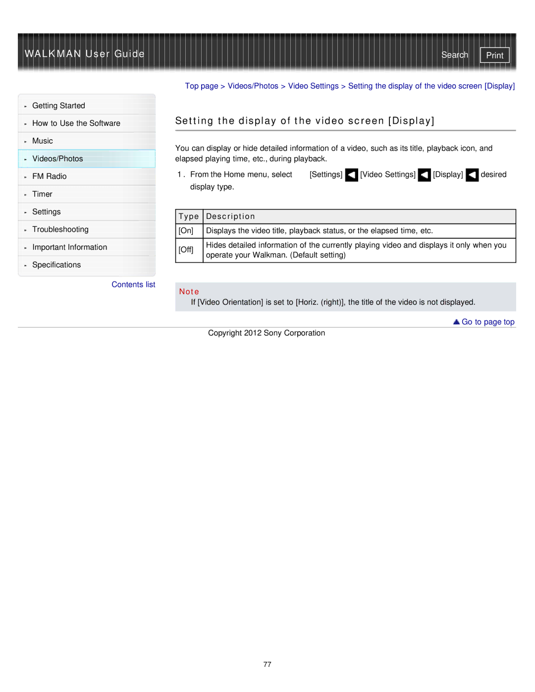 Sony NWZ-E375, NWZ-E373, NWZ-E374RED specifications Setting the display of the video screen Display 