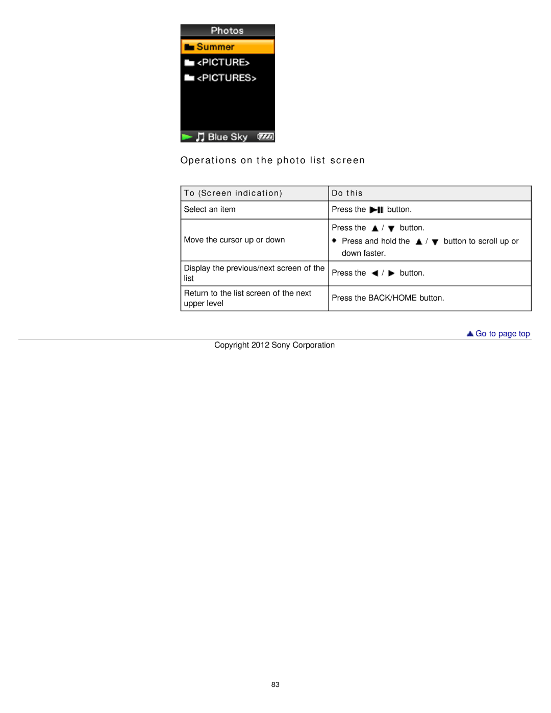 Sony NWZ-E374RED, NWZ-E375, NWZ-E373 specifications Operations on the photo list screen 