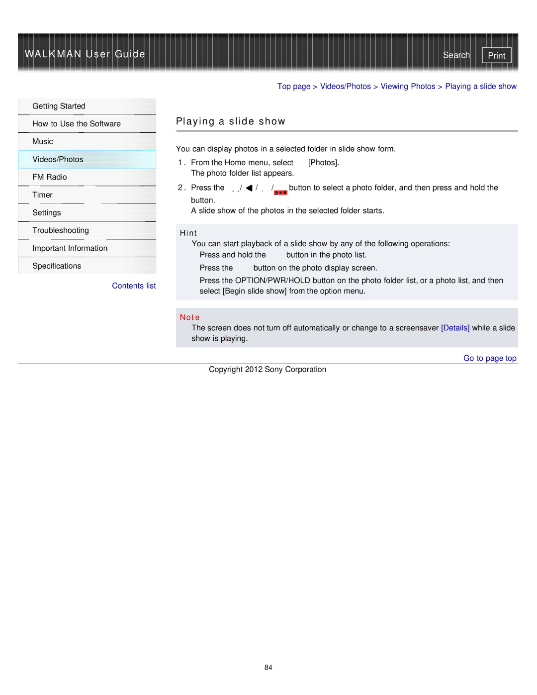 Sony NWZ-E375, NWZ-E373, NWZ-E374RED specifications Playing a slide show, Hint 