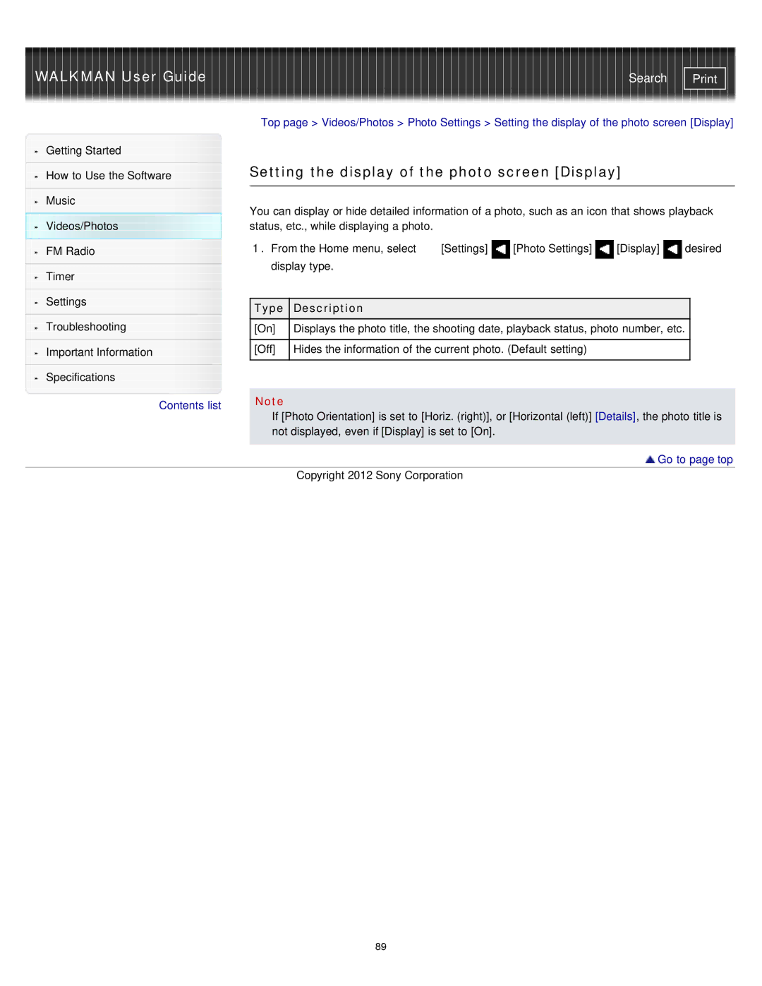 Sony NWZ-E375, NWZ-E373, NWZ-E374RED specifications Setting the display of the photo screen Display 