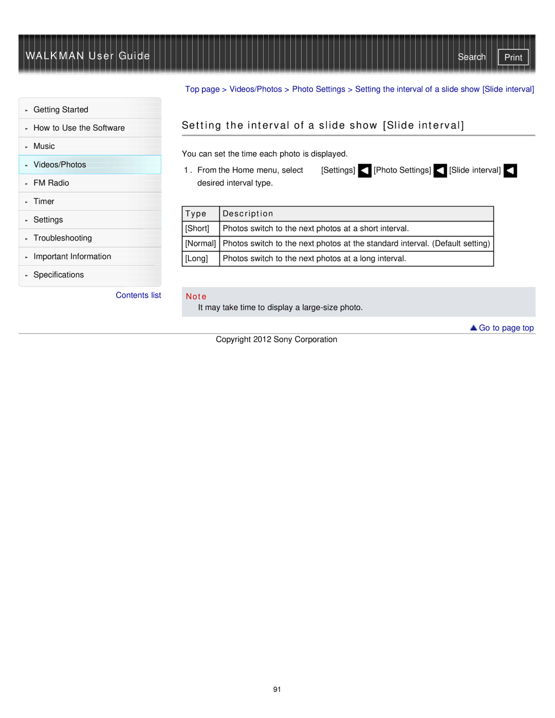 Sony NWZ-E374RED, NWZ-E375, NWZ-E373 specifications Setting the interval of a slide show Slide interval 