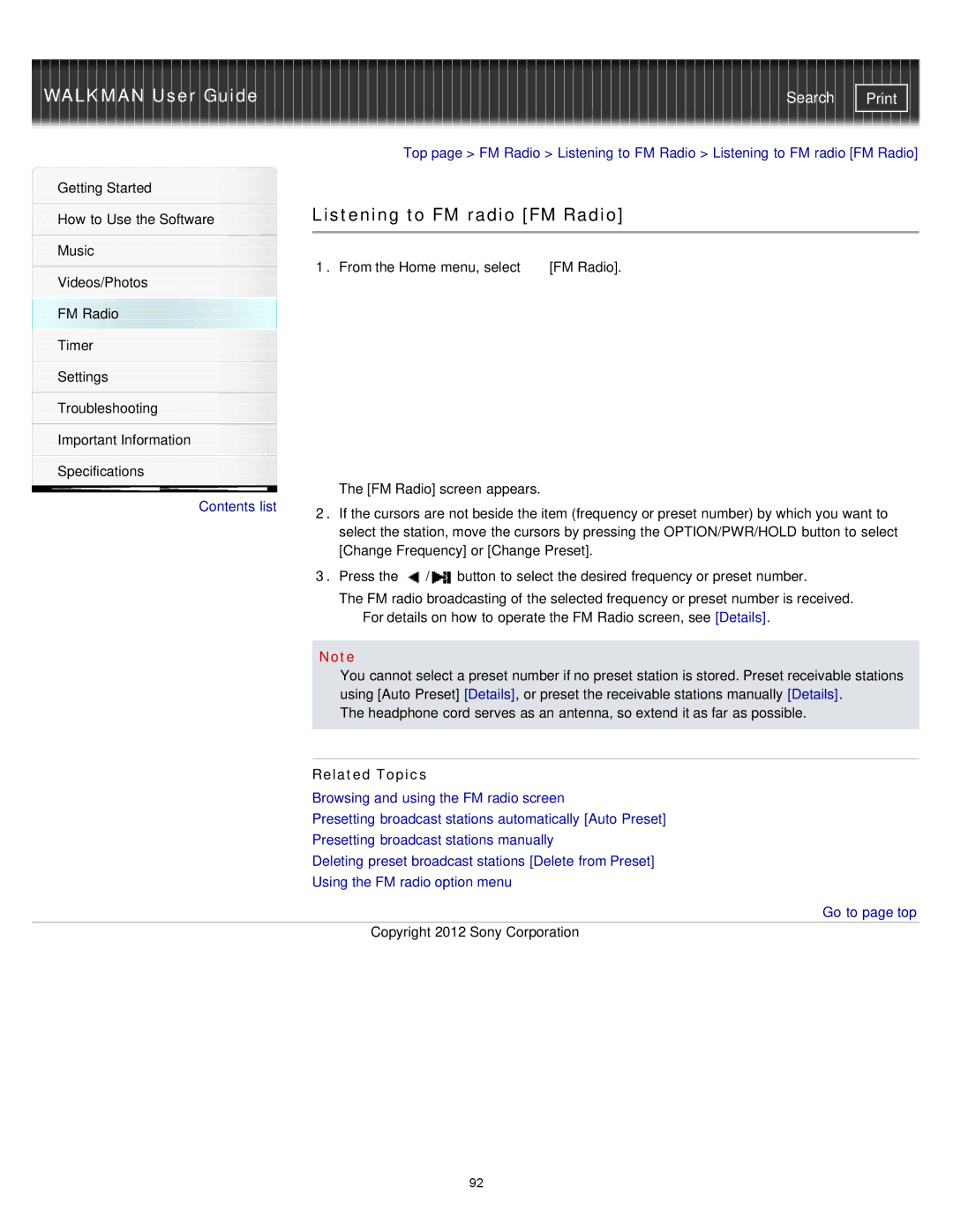 Sony NWZ-E375, NWZ-E373, NWZ-E374RED specifications Listening to FM radio FM Radio, Related Topics 