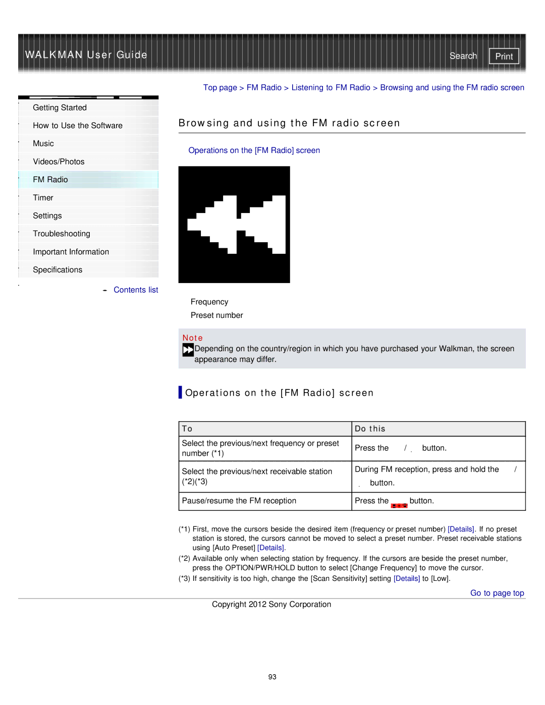 Sony NWZ-E375, NWZ-E373, NWZ-E374RED Browsing and using the FM radio screen, Operations on the FM Radio screen 