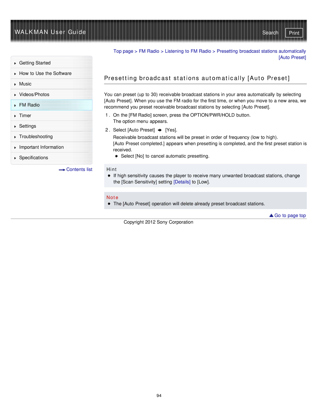 Sony NWZ-E373, NWZ-E375, NWZ-E374RED specifications Presetting broadcast stations automatically Auto Preset, Hint 