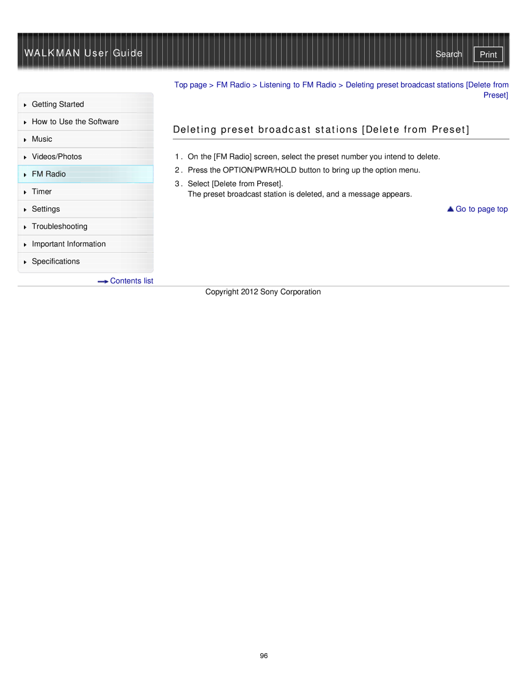 Sony NWZ-E375, NWZ-E373, NWZ-E374RED specifications Deleting preset broadcast stations Delete from Preset 