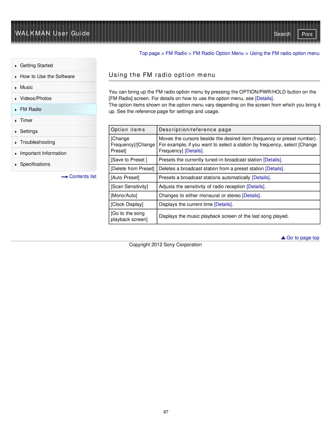 Sony NWZ-E375, NWZ-E373, NWZ-E374RED specifications Using the FM radio option menu, Option items Description/reference 