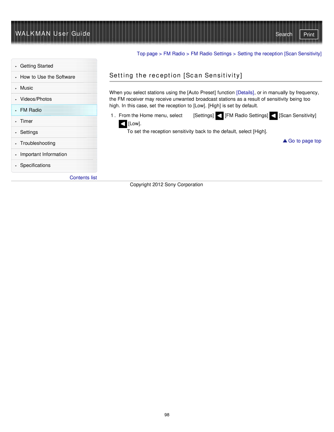 Sony NWZ-E373, NWZ-E375, NWZ-E374RED specifications Setting the reception Scan Sensitivity 