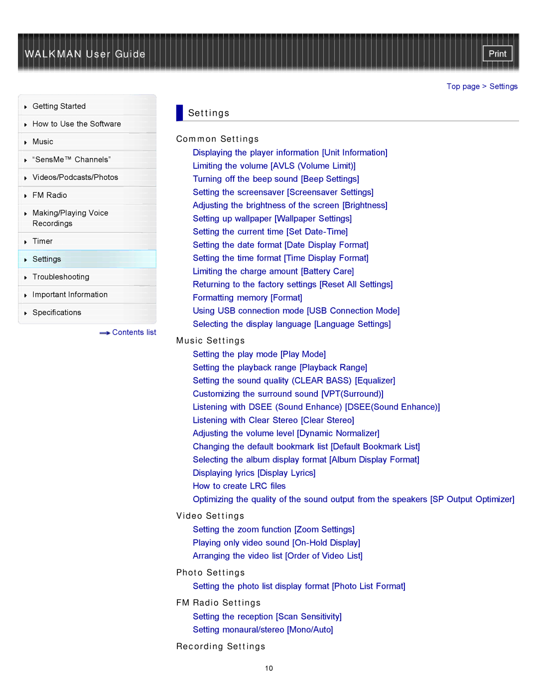 Sony NWZ-E453, NWZ-E455, NWZ-E454 specifications Common Settings 