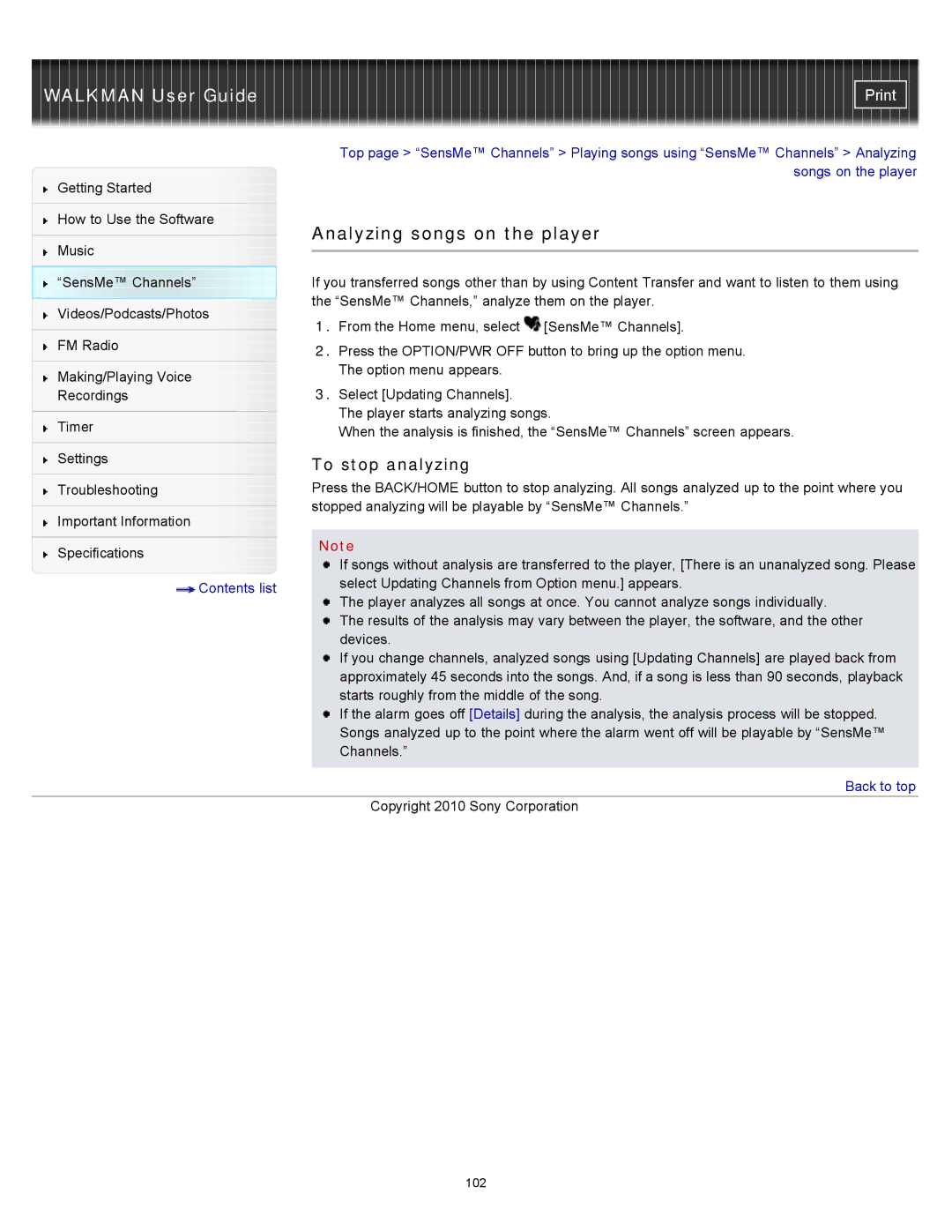 Sony NWZ-E455, NWZ-E453, NWZ-E454 specifications Analyzing songs on the player, To stop analyzing 