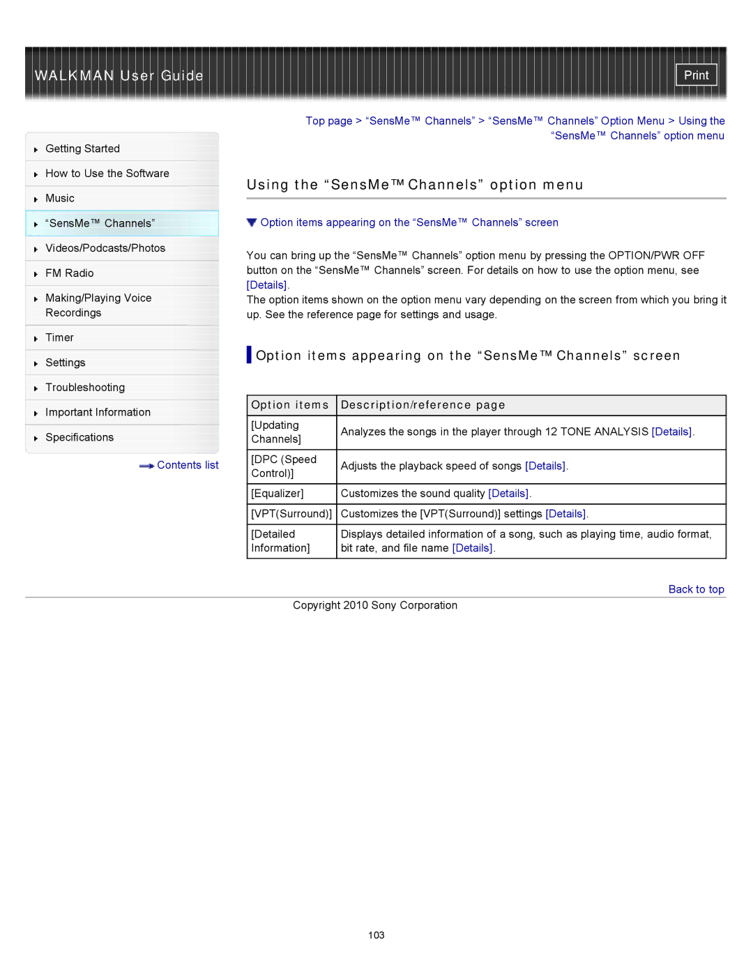 Sony NWZ-E453, NWZ-E455 Using the SensMe Channels option menu, Option items appearing on the SensMe Channels screen 