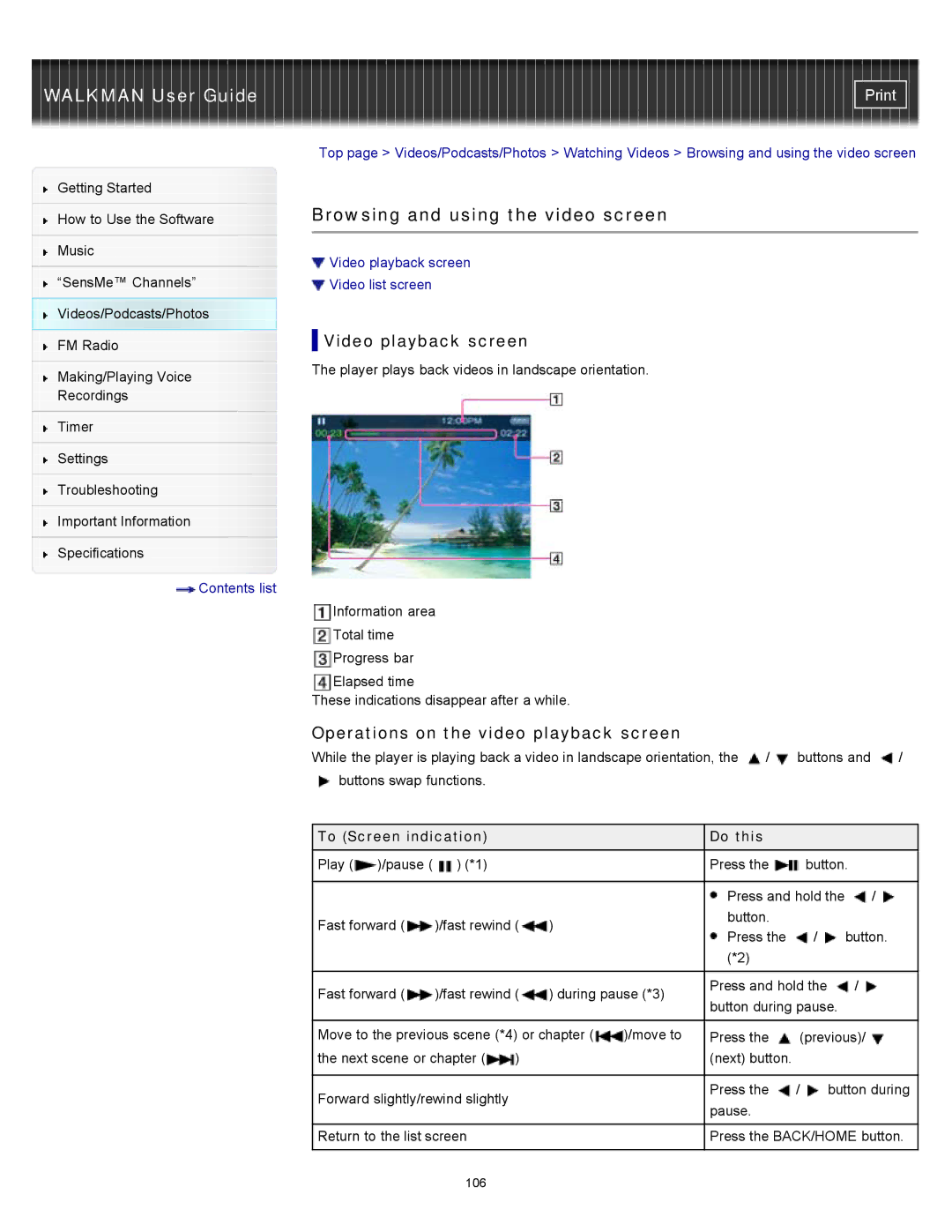 Sony NWZ-E453 Browsing and using the video screen, Video playback screen, Operations on the video playback screen 