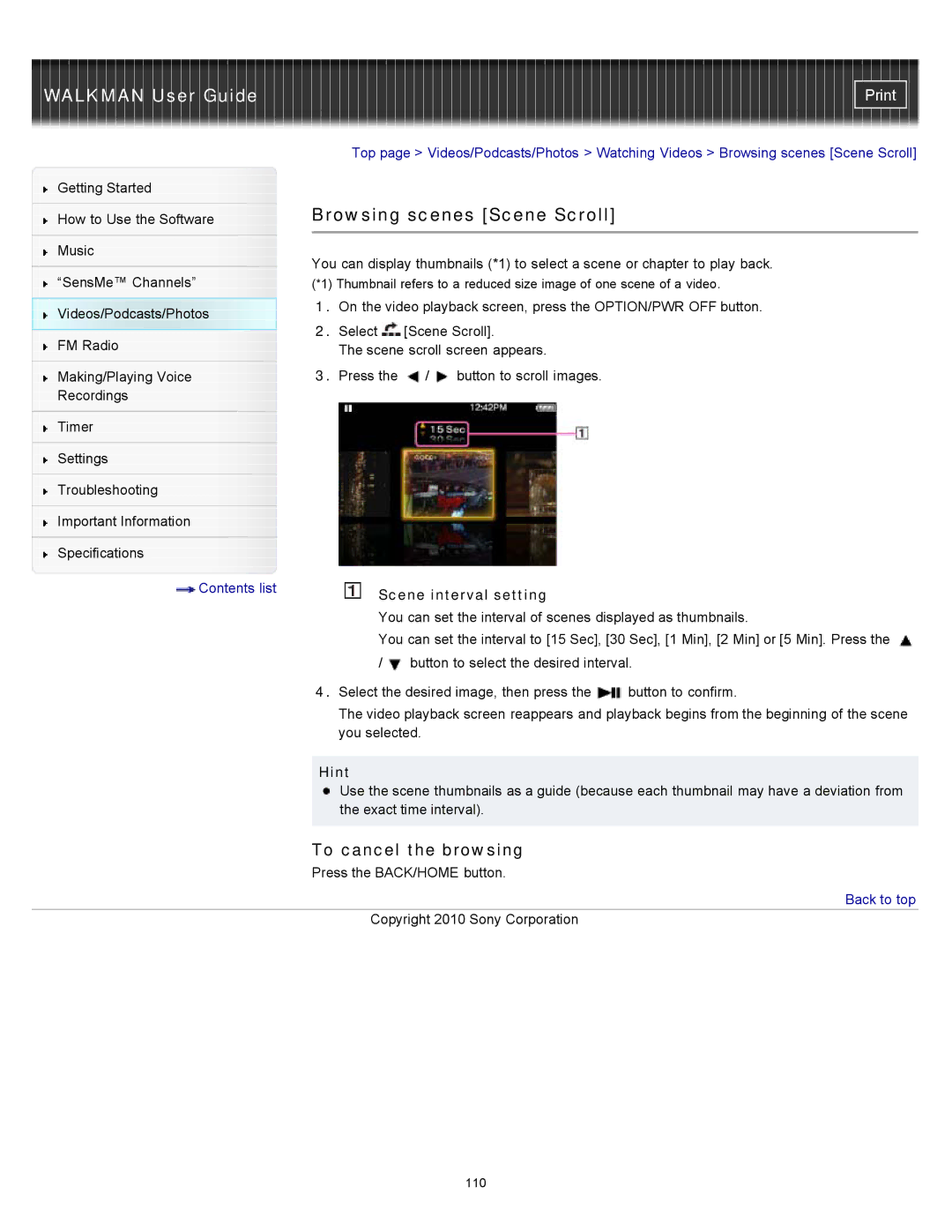 Sony NWZ-E454, NWZ-E455, NWZ-E453 specifications Browsing scenes Scene Scroll, To cancel the browsing, Scene interval setting 