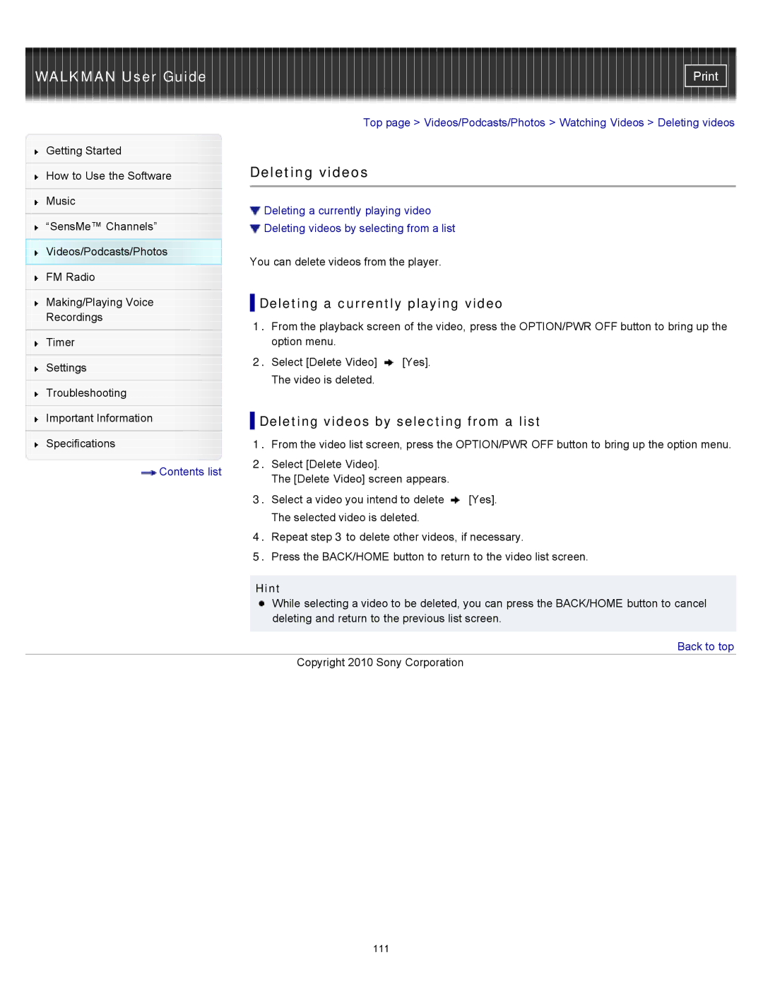 Sony NWZ-E455, NWZ-E453, NWZ-E454 Deleting a currently playing video, Deleting videos by selecting from a list 