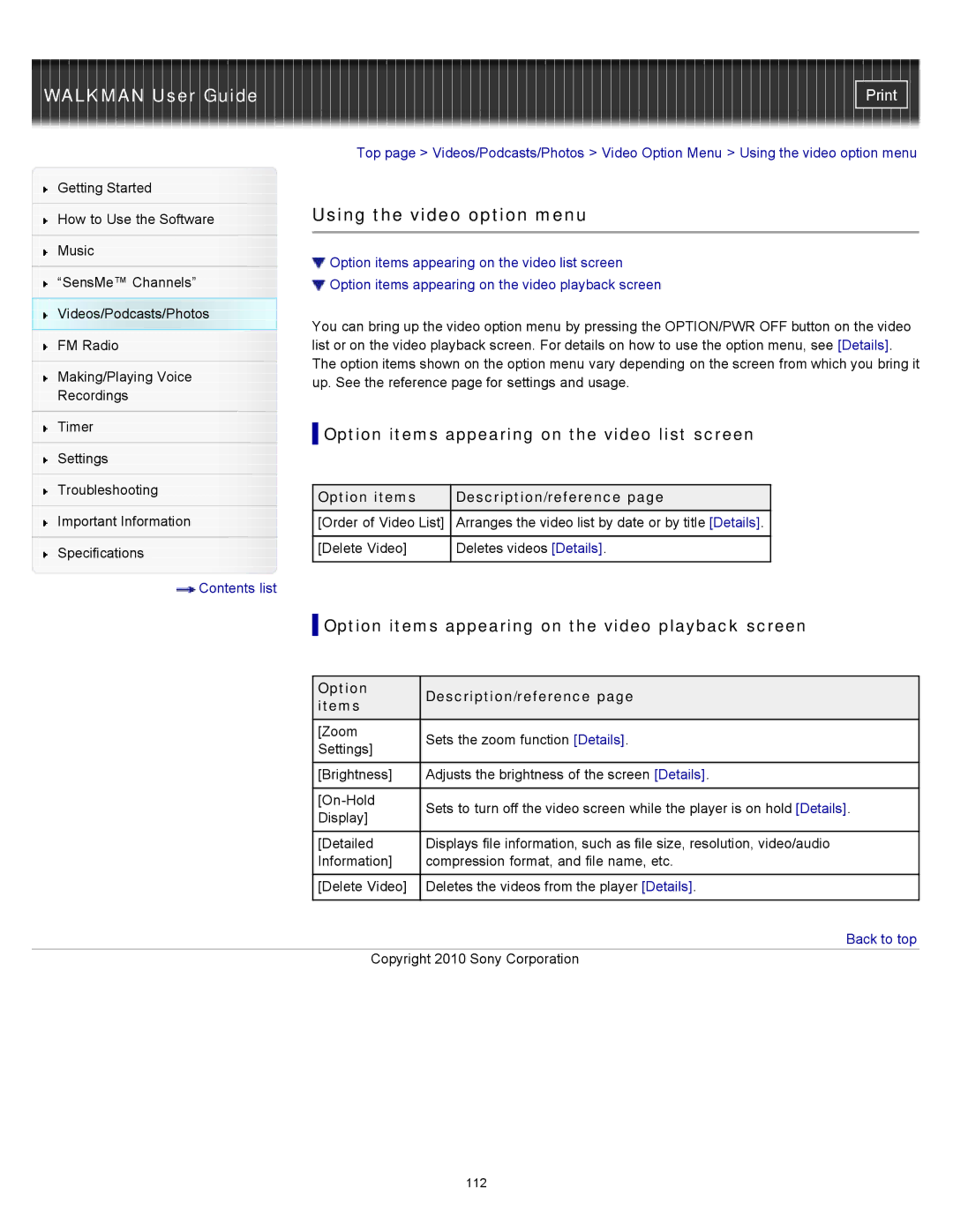 Sony NWZ-E453, NWZ-E455, NWZ-E454 specifications Using the video option menu, Option items appearing on the video list screen 