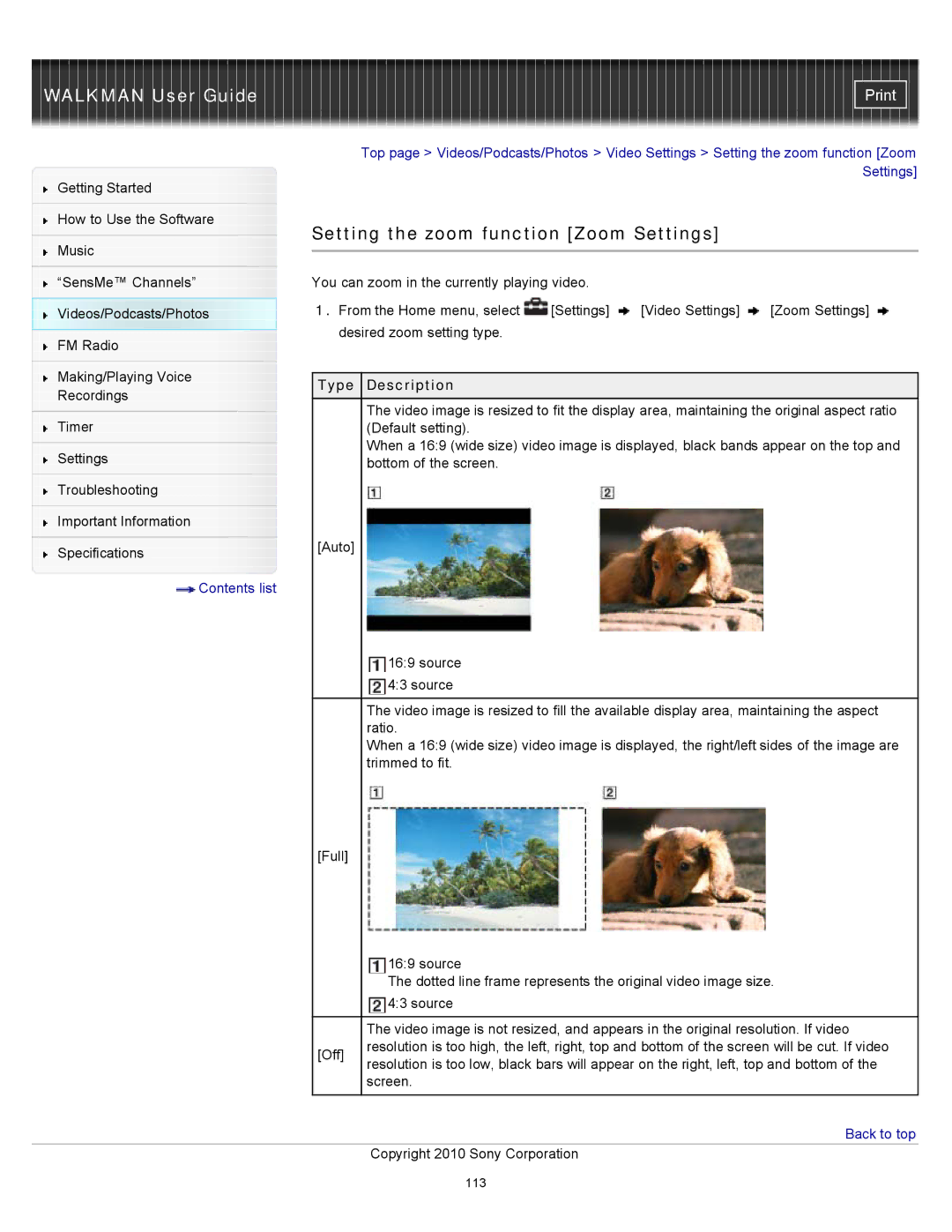 Sony NWZ-E454, NWZ-E455, NWZ-E453 specifications Setting the zoom function Zoom Settings, Type Description 