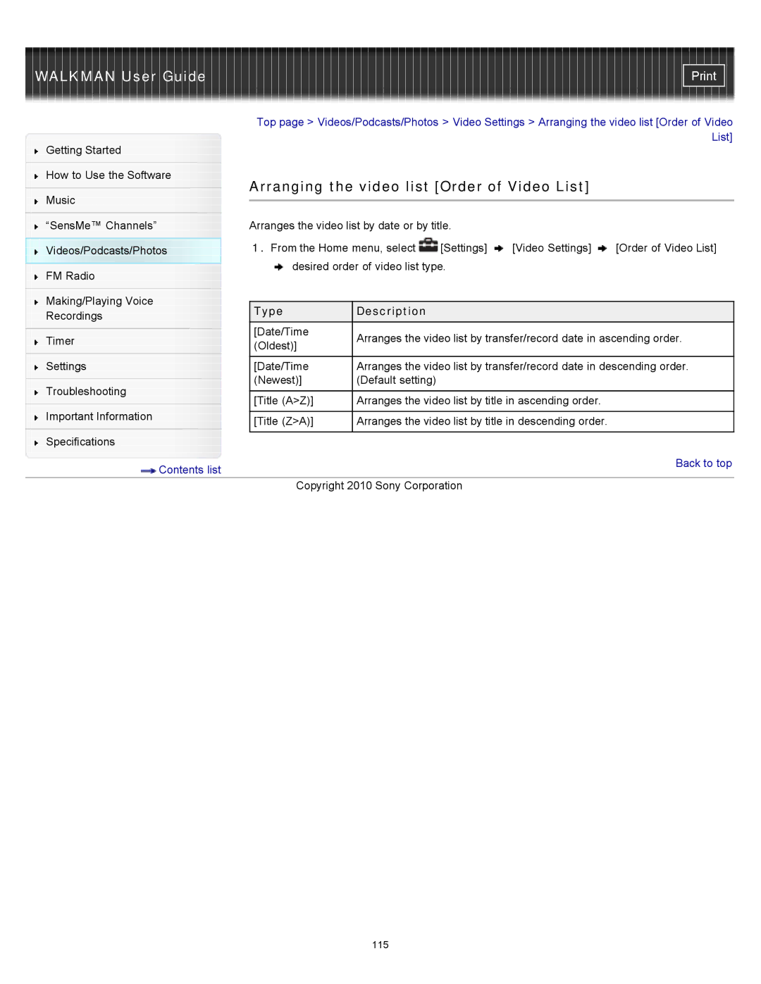 Sony NWZ-E453, NWZ-E455, NWZ-E454 specifications Arranging the video list Order of Video List 