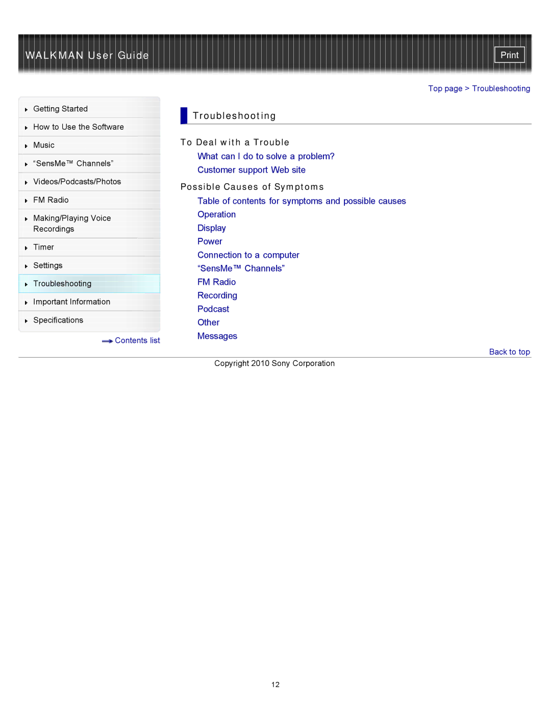 Sony NWZ-E455, NWZ-E453, NWZ-E454 specifications Troubleshooting, To Deal with a Trouble, Possible Causes of Symptoms 