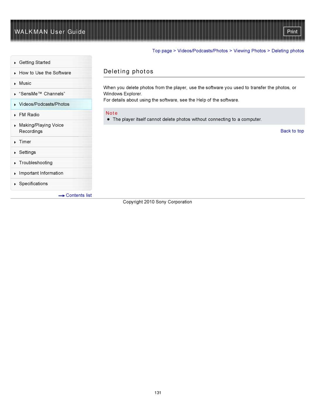 Sony NWZ-E454, NWZ-E455, NWZ-E453 specifications Deleting photos 