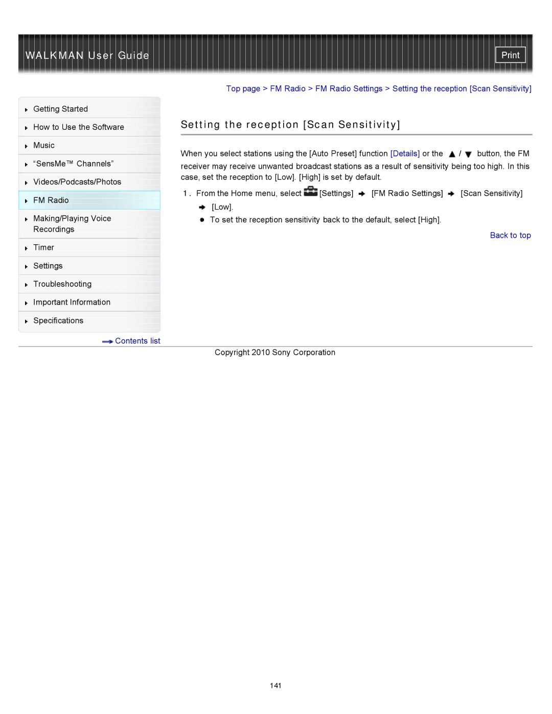 Sony NWZ-E455, NWZ-E453, NWZ-E454 specifications Setting the reception Scan Sensitivity 