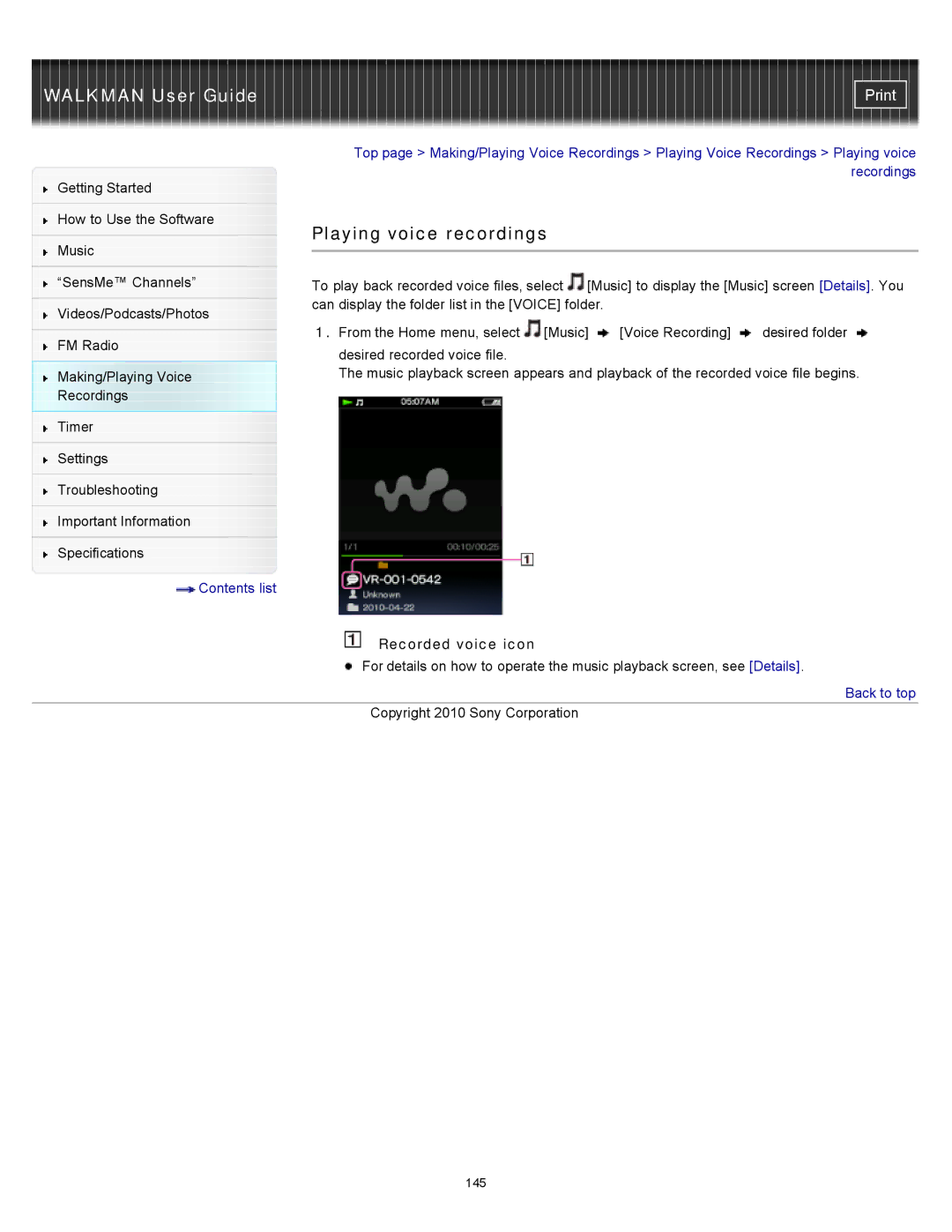 Sony NWZ-E453, NWZ-E455, NWZ-E454 specifications Playing voice recordings, Recorded voice icon 