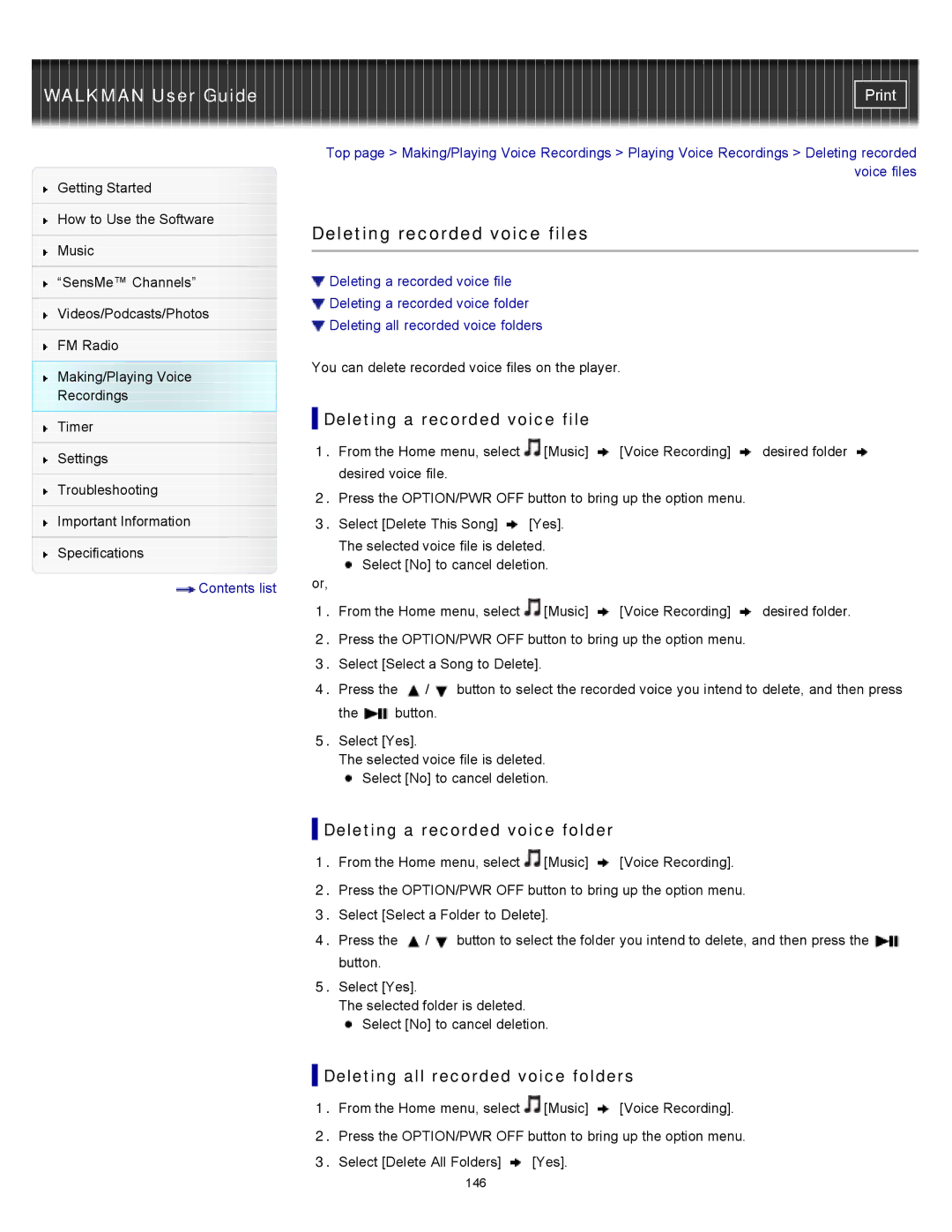 Sony NWZ-E454, NWZ-E455 Deleting recorded voice files, Deleting a recorded voice file, Deleting a recorded voice folder 