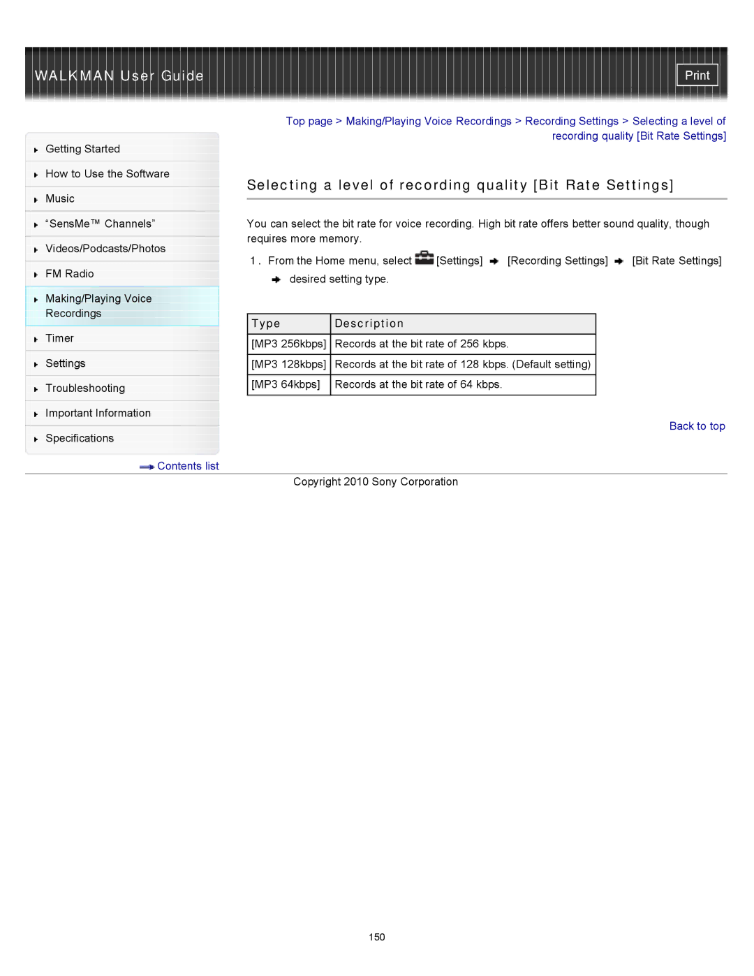 Sony NWZ-E455, NWZ-E453, NWZ-E454 specifications Selecting a level of recording quality Bit Rate Settings, Type Description 