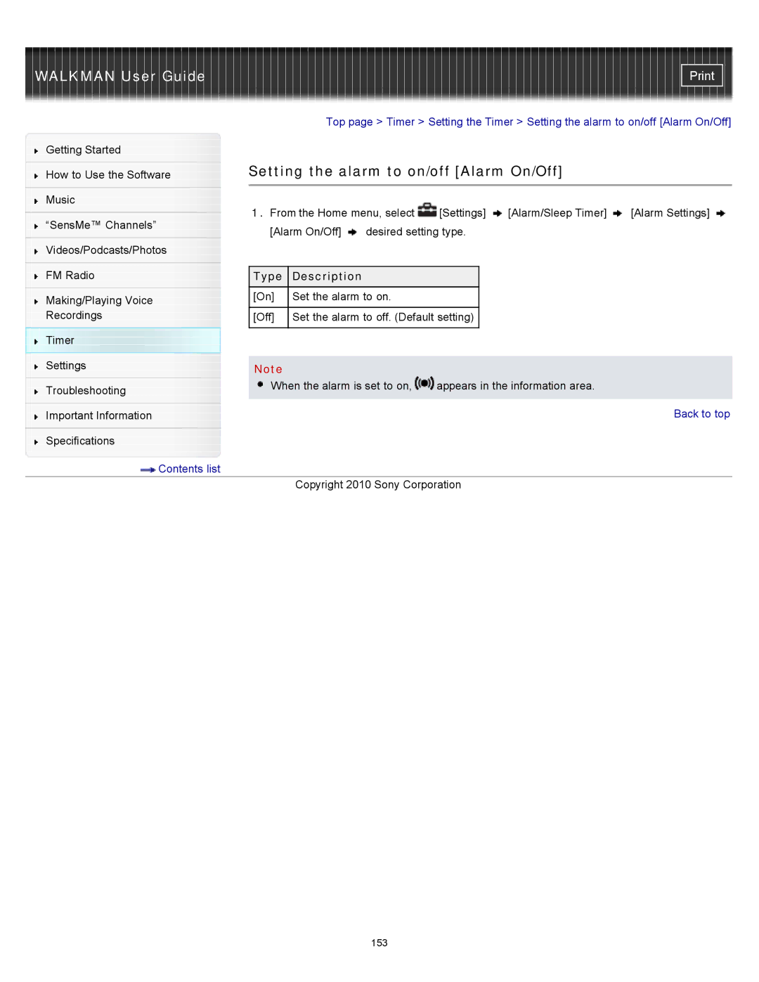 Sony NWZ-E455, NWZ-E453, NWZ-E454 specifications Setting the alarm to on/off Alarm On/Off, Type Description 