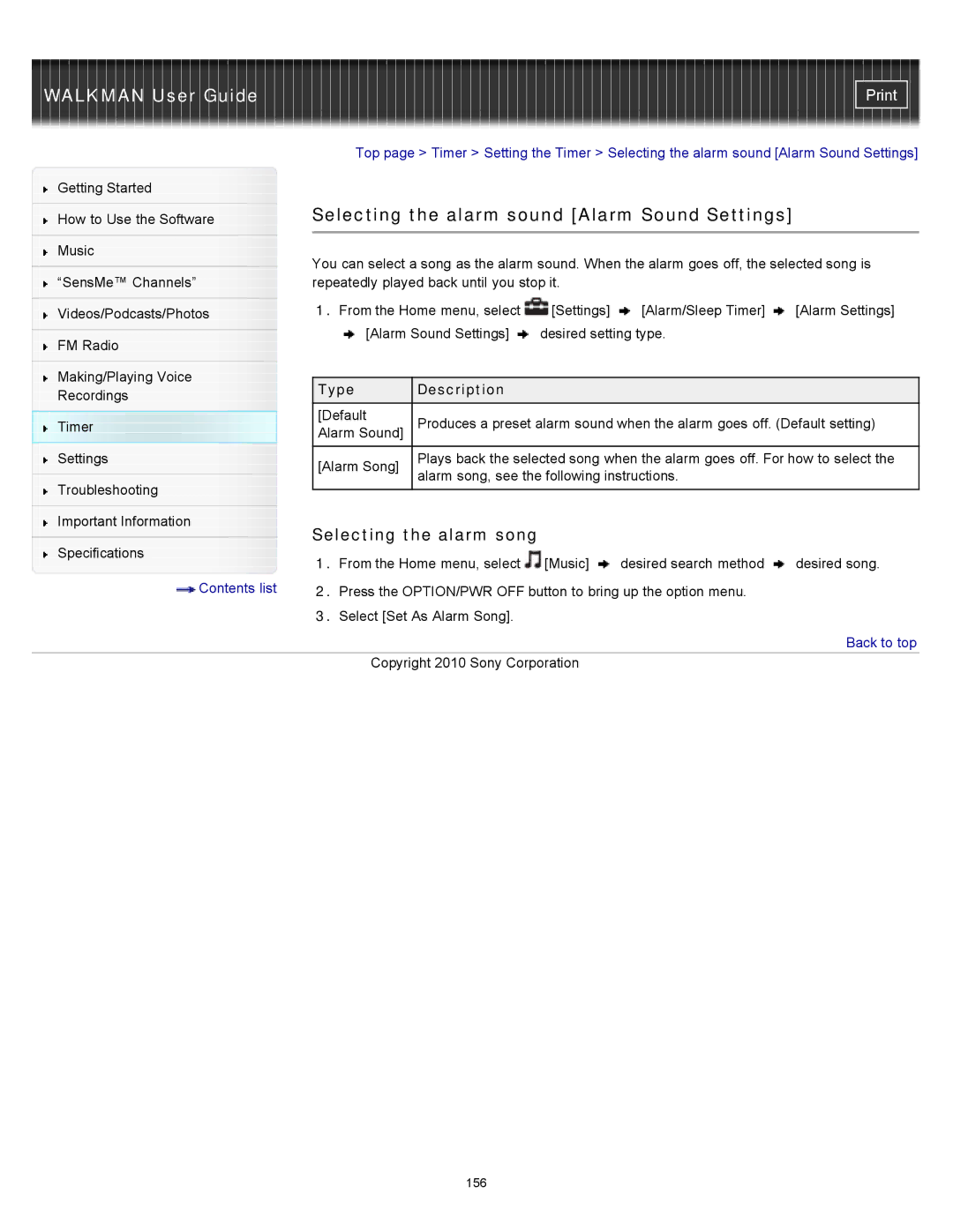 Sony NWZ-E455, NWZ-E453, NWZ-E454 specifications Selecting the alarm sound Alarm Sound Settings, Selecting the alarm song 