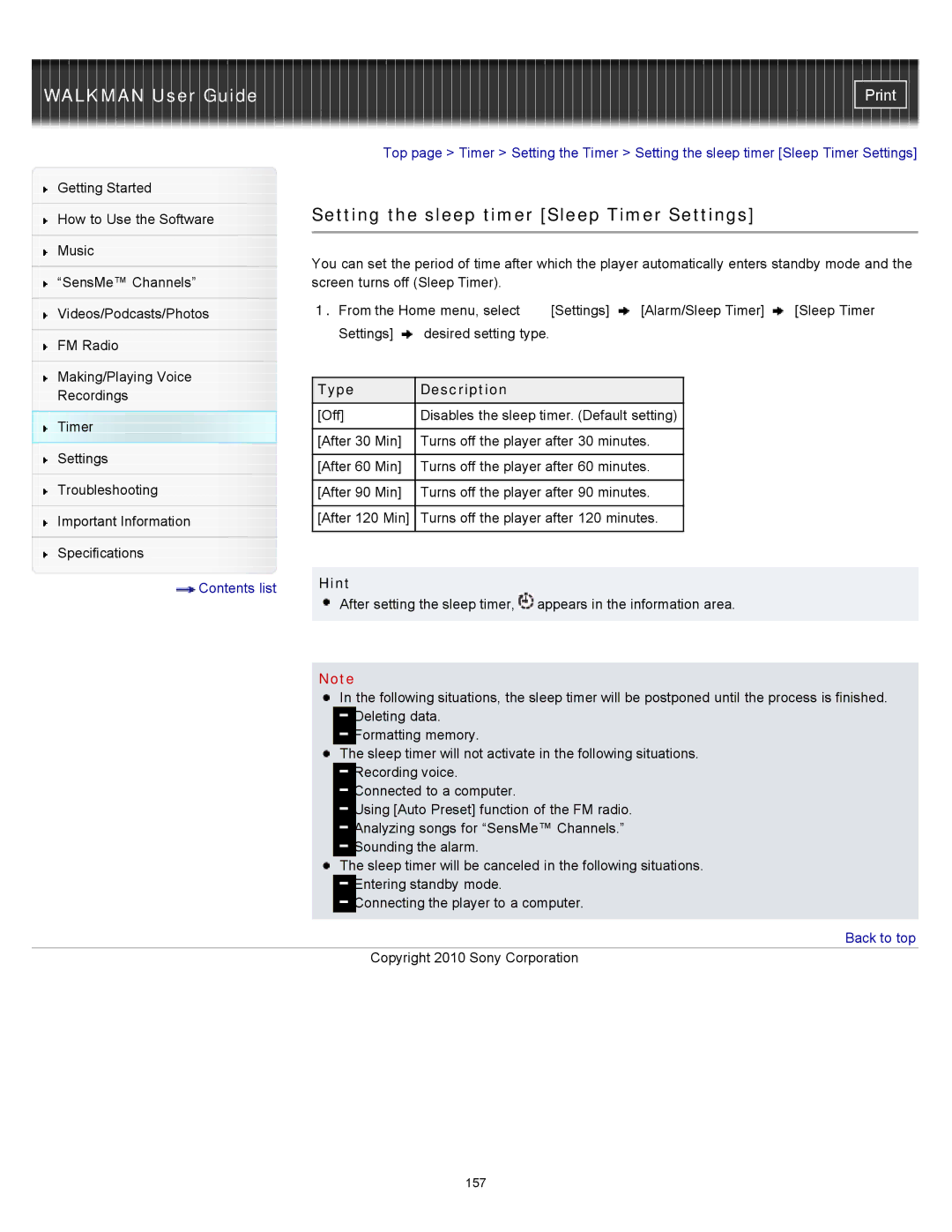 Sony NWZ-E453, NWZ-E455, NWZ-E454 specifications Setting the sleep timer Sleep Timer Settings, Hint 