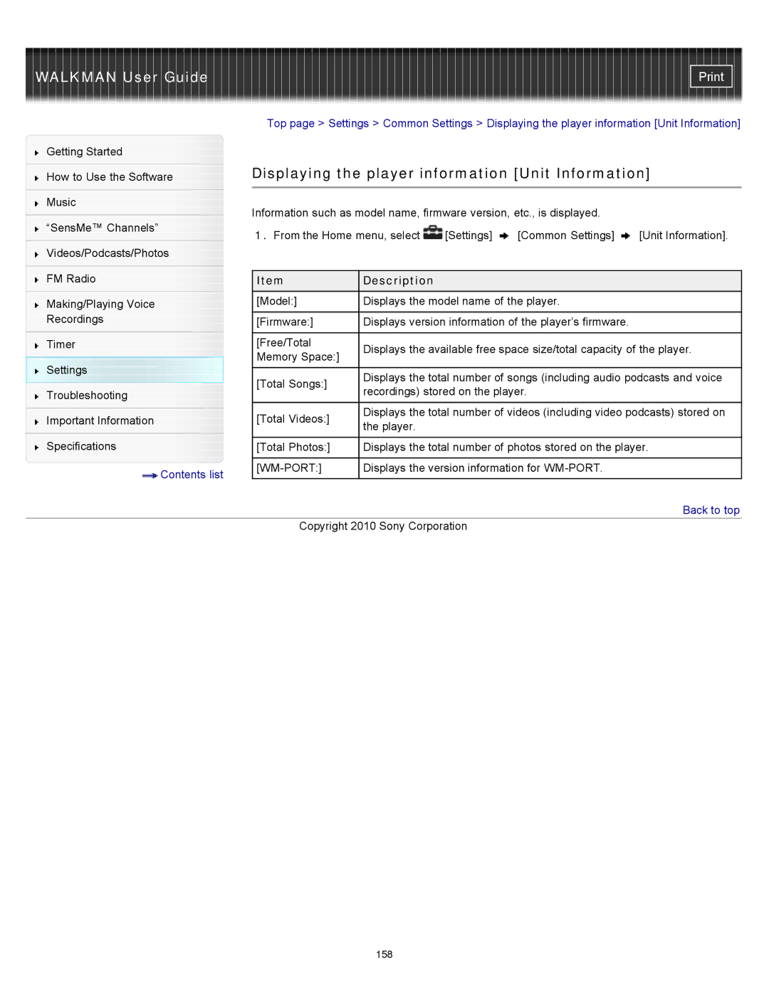 Sony NWZ-E454, NWZ-E455, NWZ-E453 specifications Displaying the player information Unit Information 