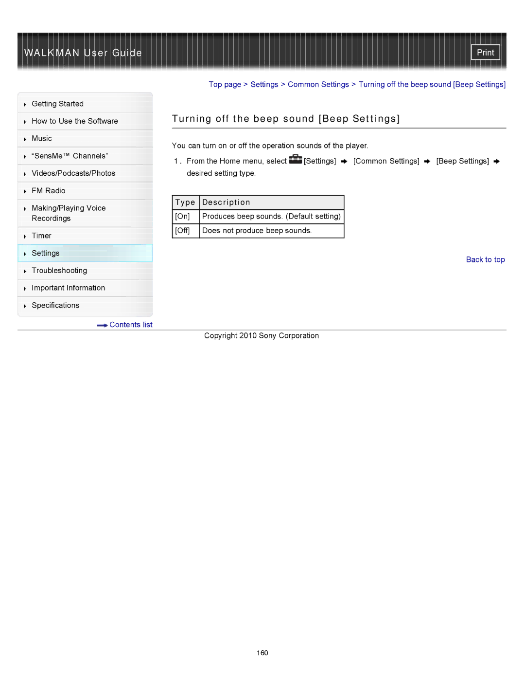 Sony NWZ-E453, NWZ-E455, NWZ-E454 specifications Turning off the beep sound Beep Settings 