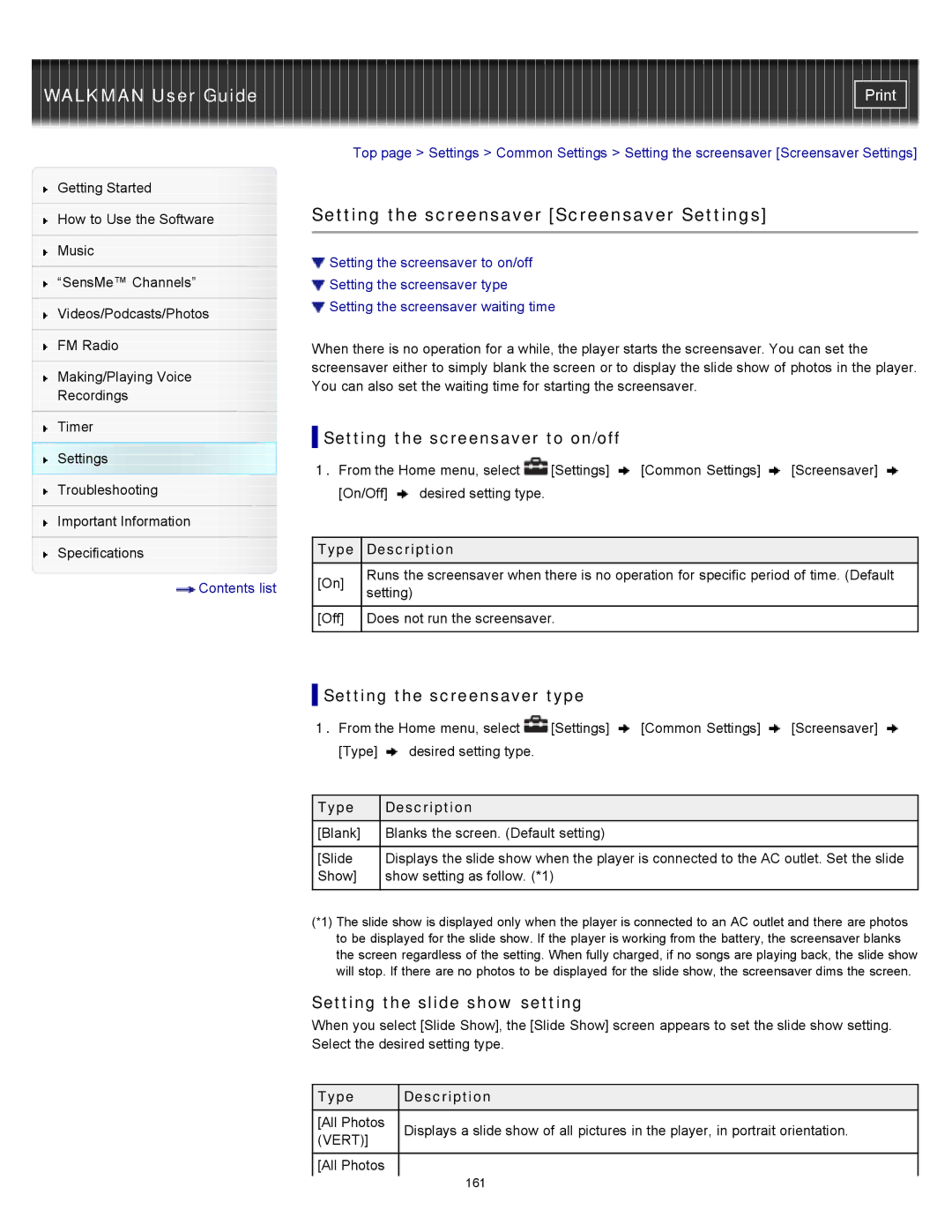 Sony NWZ-E454, NWZ-E455, NWZ-E453 Setting the screensaver Screensaver Settings, Setting the screensaver to on/off 