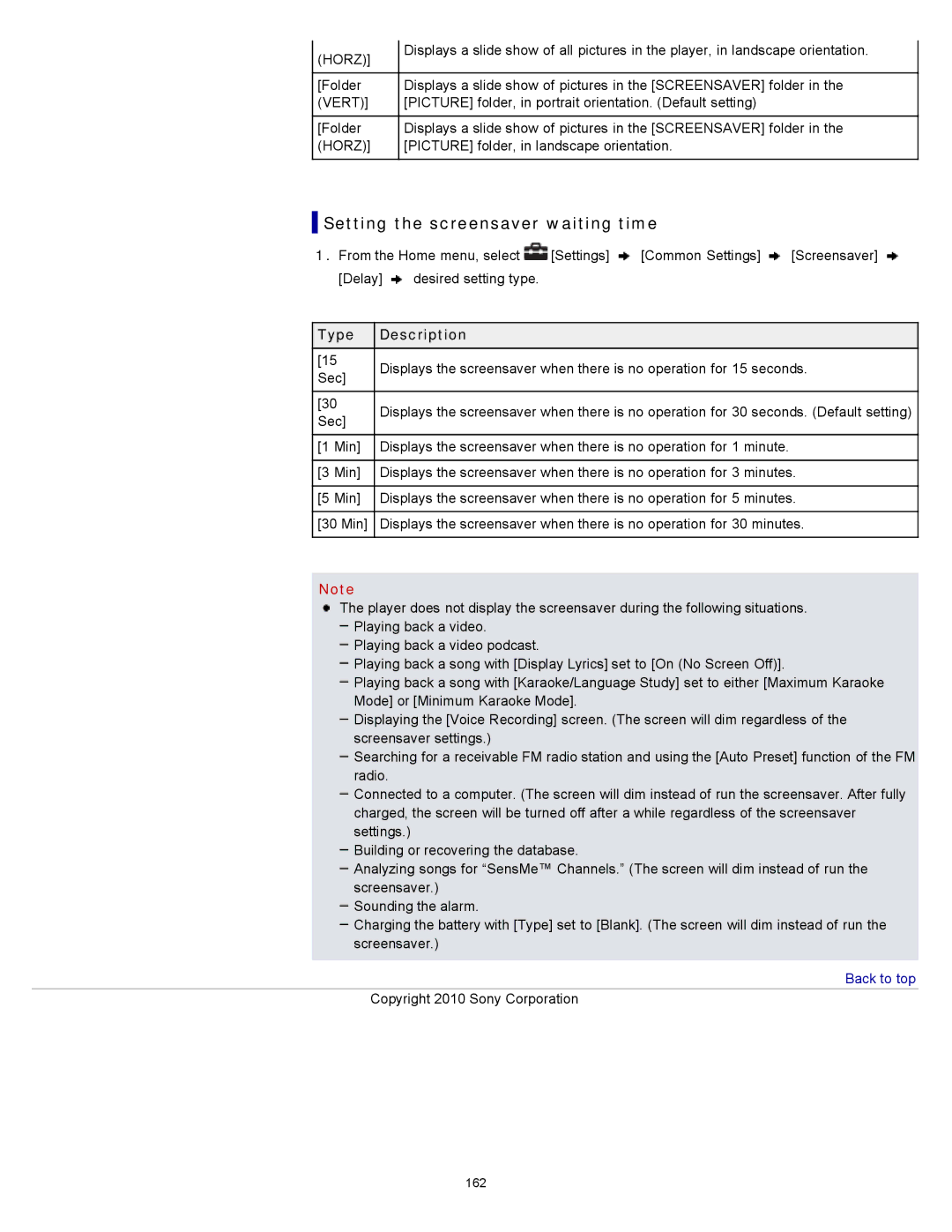 Sony NWZ-E455, NWZ-E453, NWZ-E454 specifications Setting the screensaver waiting time, Horz 