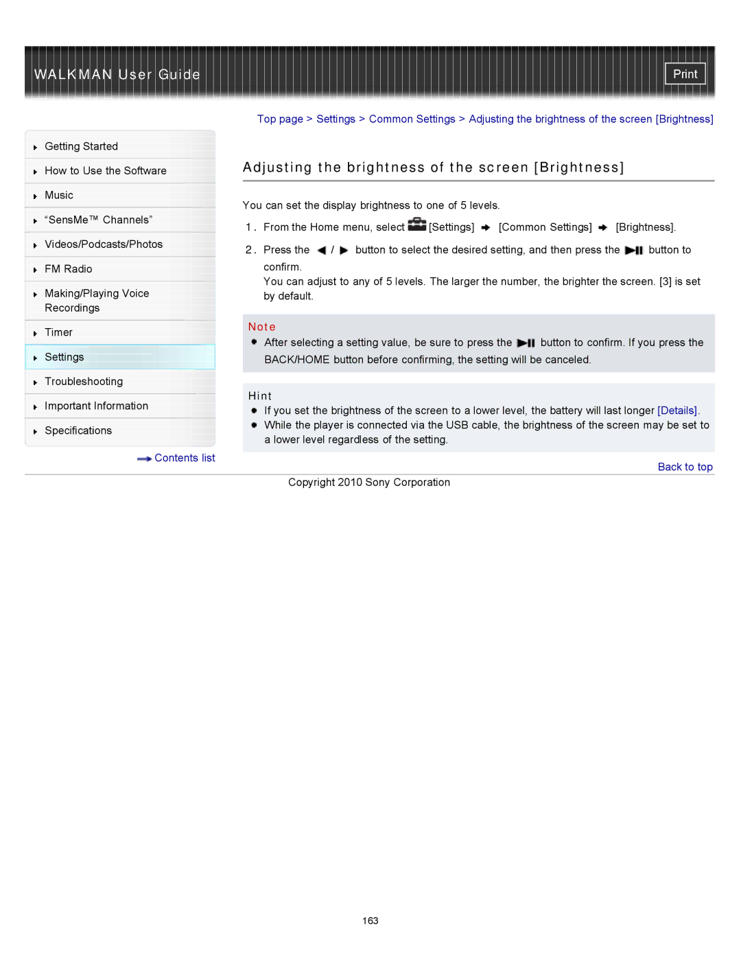 Sony NWZ-E453, NWZ-E455, NWZ-E454 specifications Adjusting the brightness of the screen Brightness, Hint 