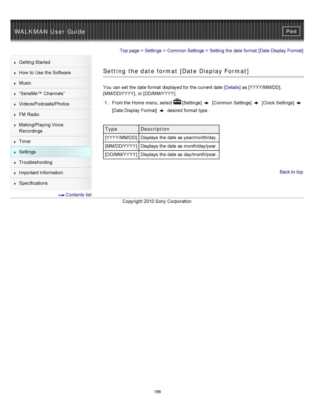 Sony NWZ-E453, NWZ-E455, NWZ-E454 specifications Setting the date format Date Display Format 