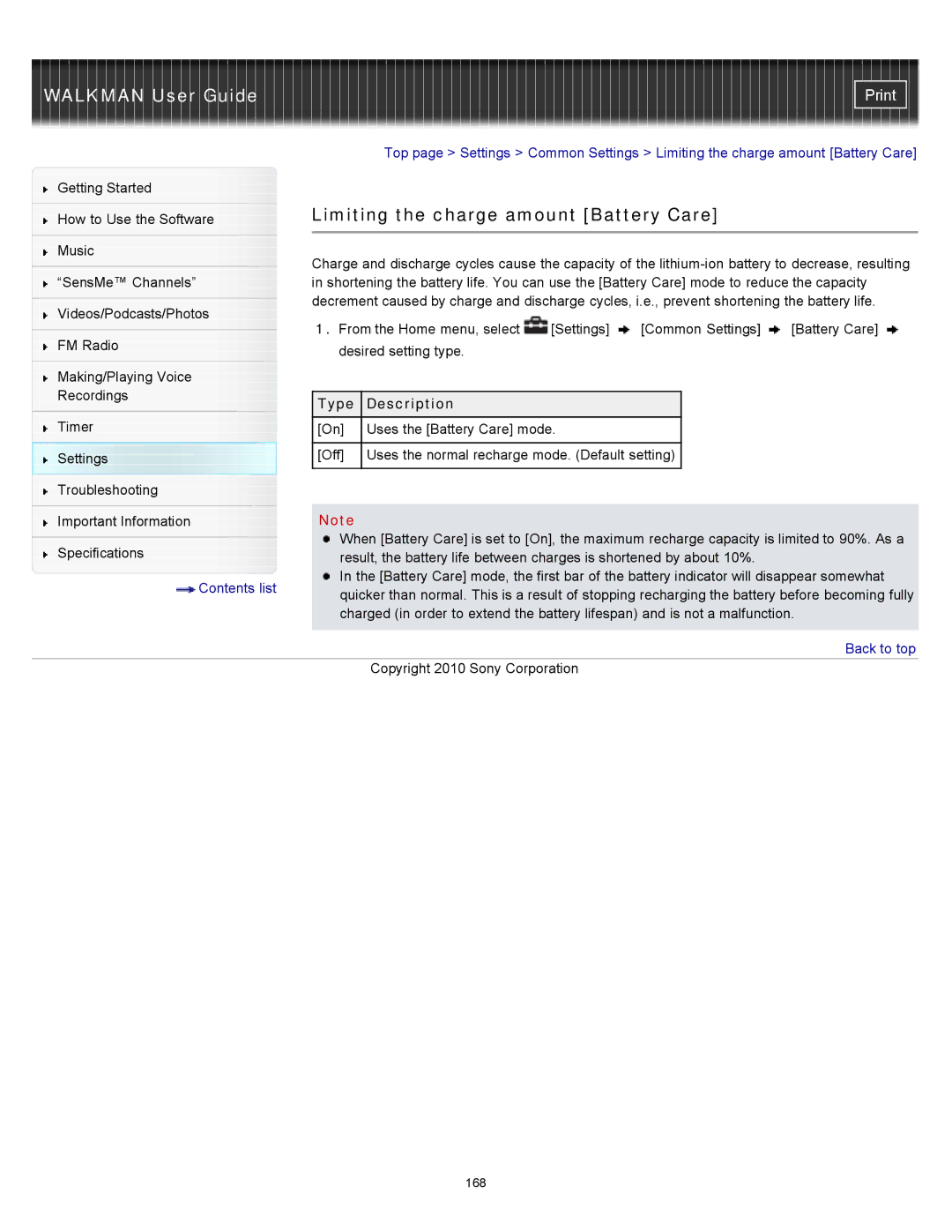 Sony NWZ-E455, NWZ-E453, NWZ-E454 specifications Limiting the charge amount Battery Care 