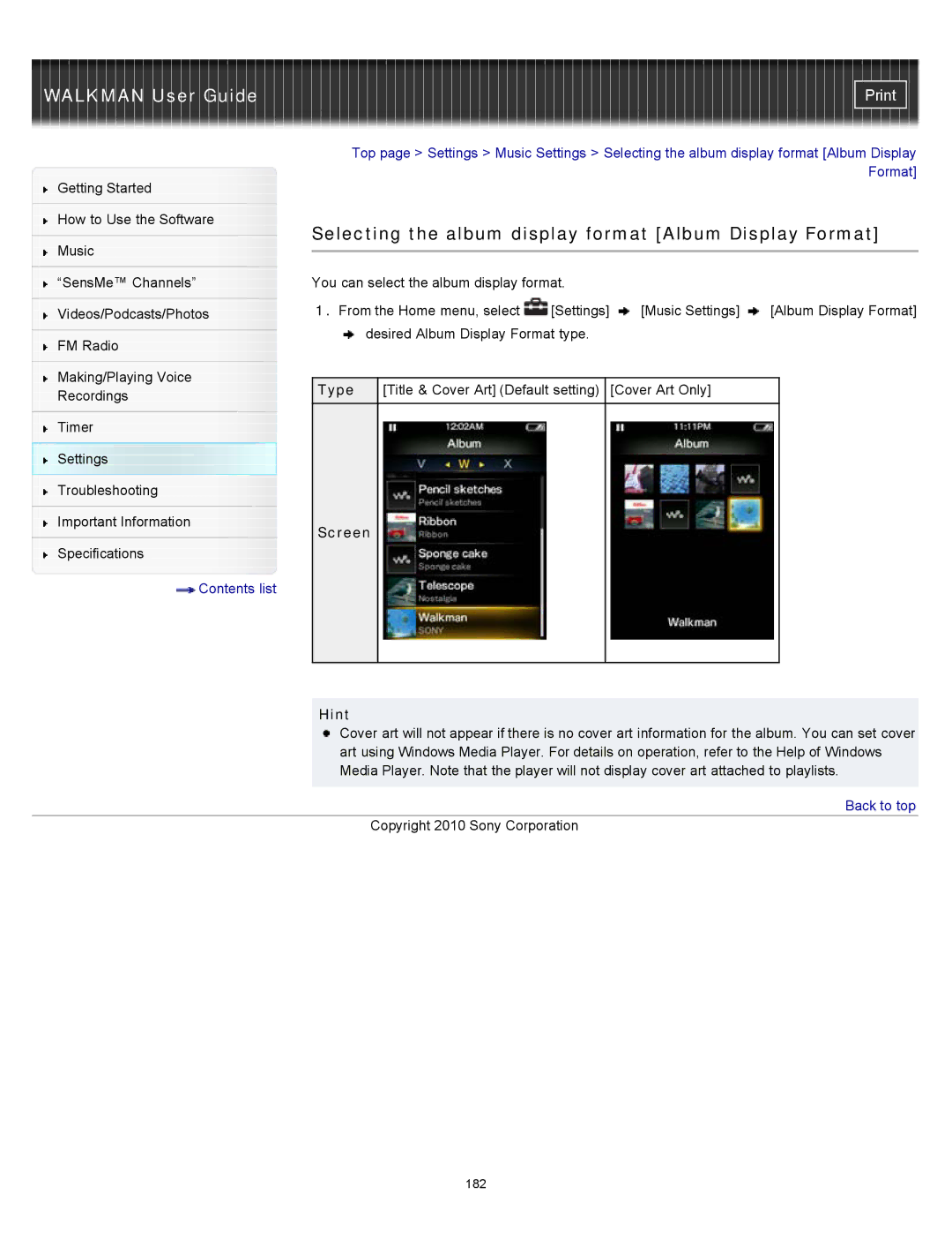 Sony NWZ-E454, NWZ-E455, NWZ-E453 specifications Selecting the album display format Album Display Format, Screen 